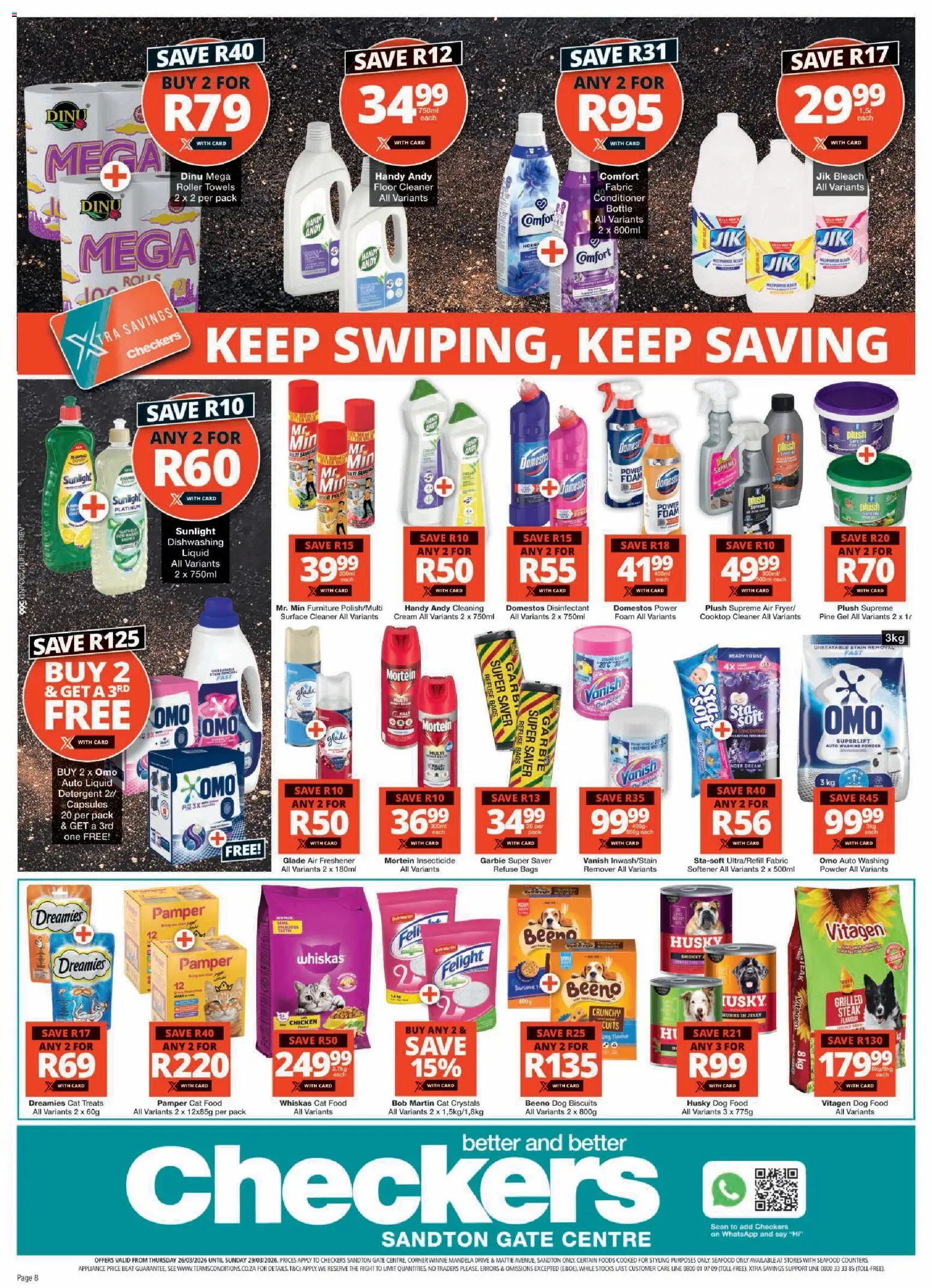 New Checkers catalogue – valid from 26.03.2026 | Page: 8 | Products: Disinfectant, Bleach, Seafood, Cat food