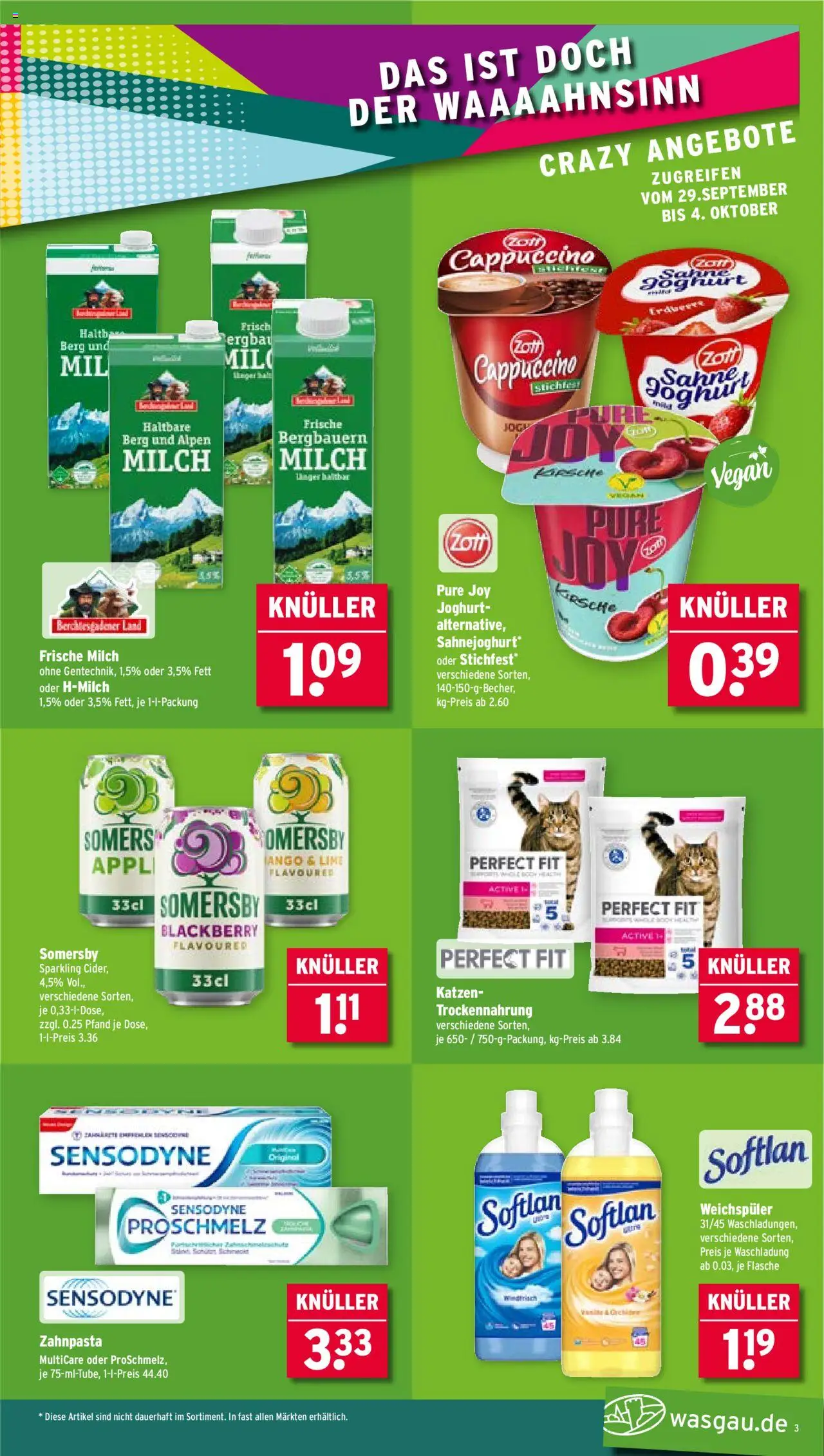 Wasgau Prospekt 	 – gültig ab 29.09.2025 | Seite: 3 | Produkte: Milch, Joghurt, Zahnpasta, Sahne