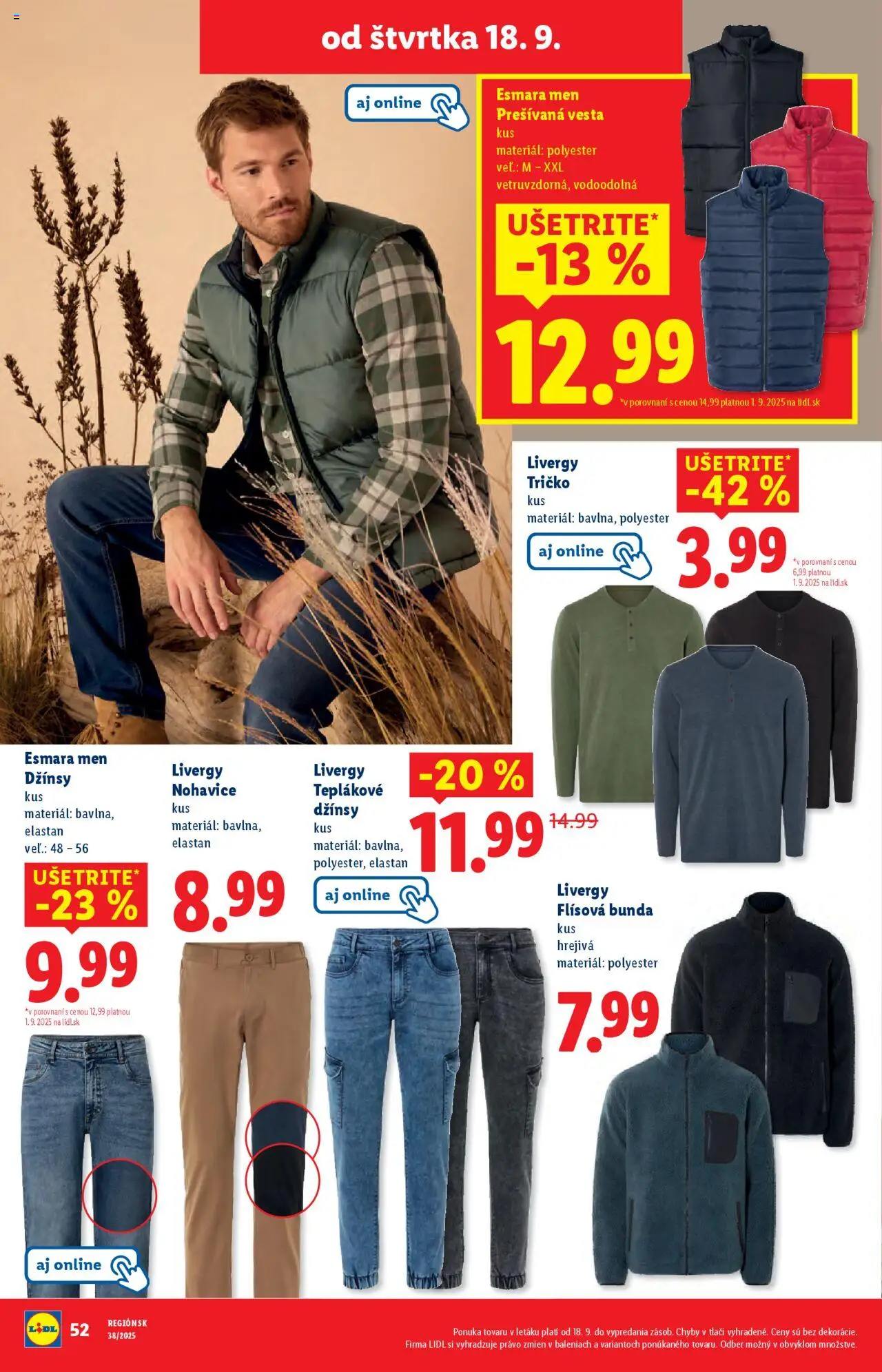 Nové Lidl akcie – leták je platný od 16.09.2025 | Strana: 100 | Produkty: Tričko, Vesta, Bunda, Nohavice