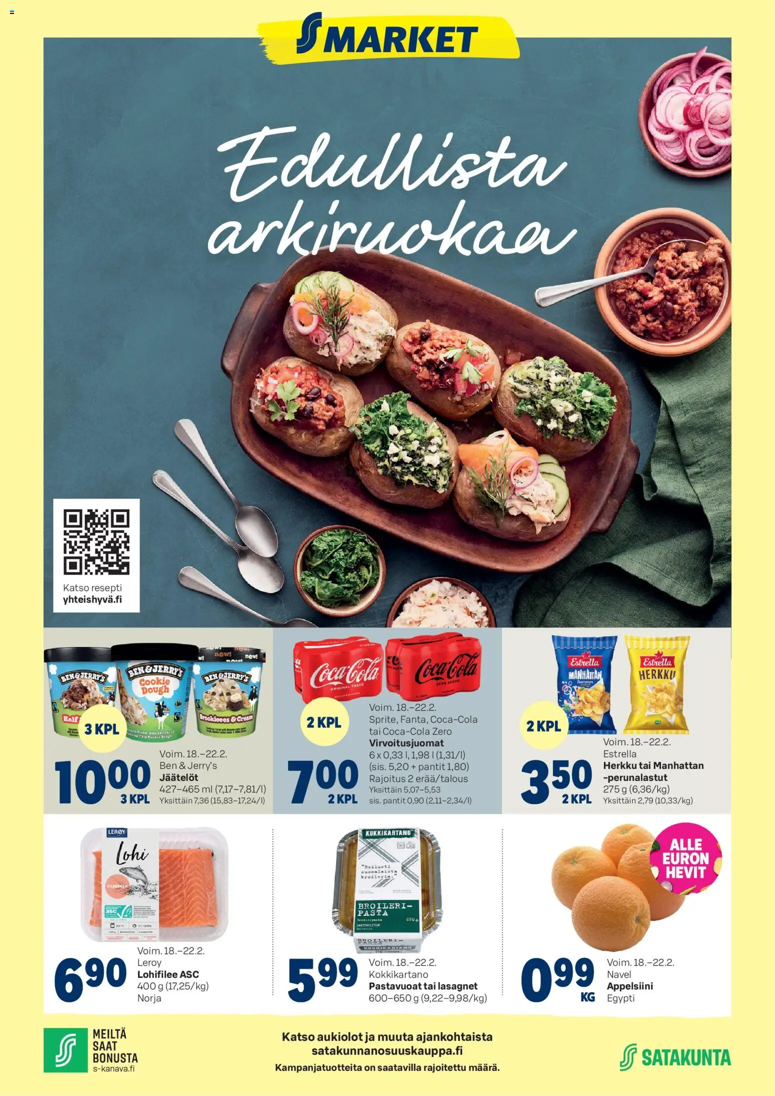S-market - Edullista arkiruoka – voimassa 18.02.2026 alkaen | Sivu: 1 | Tuotteet: Virvoitusjuomat, Coca cola, Pasta