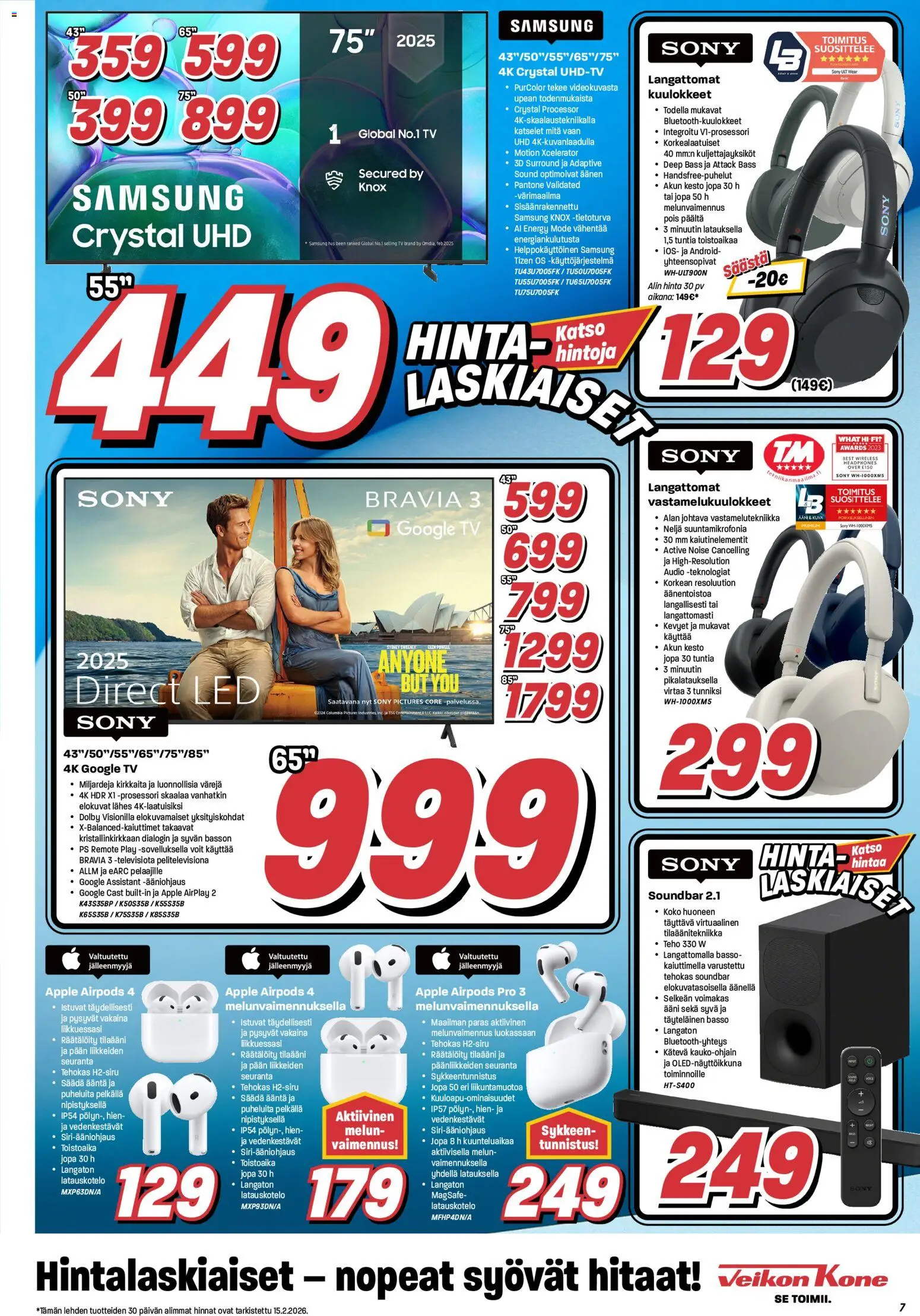 Veikon Kone tarjoukset – voimassa 16.02.2026 alkaen | Sivu: 7 | Tuotteet: Vastamelukuulokkeet, Audio, Soundbar, TV