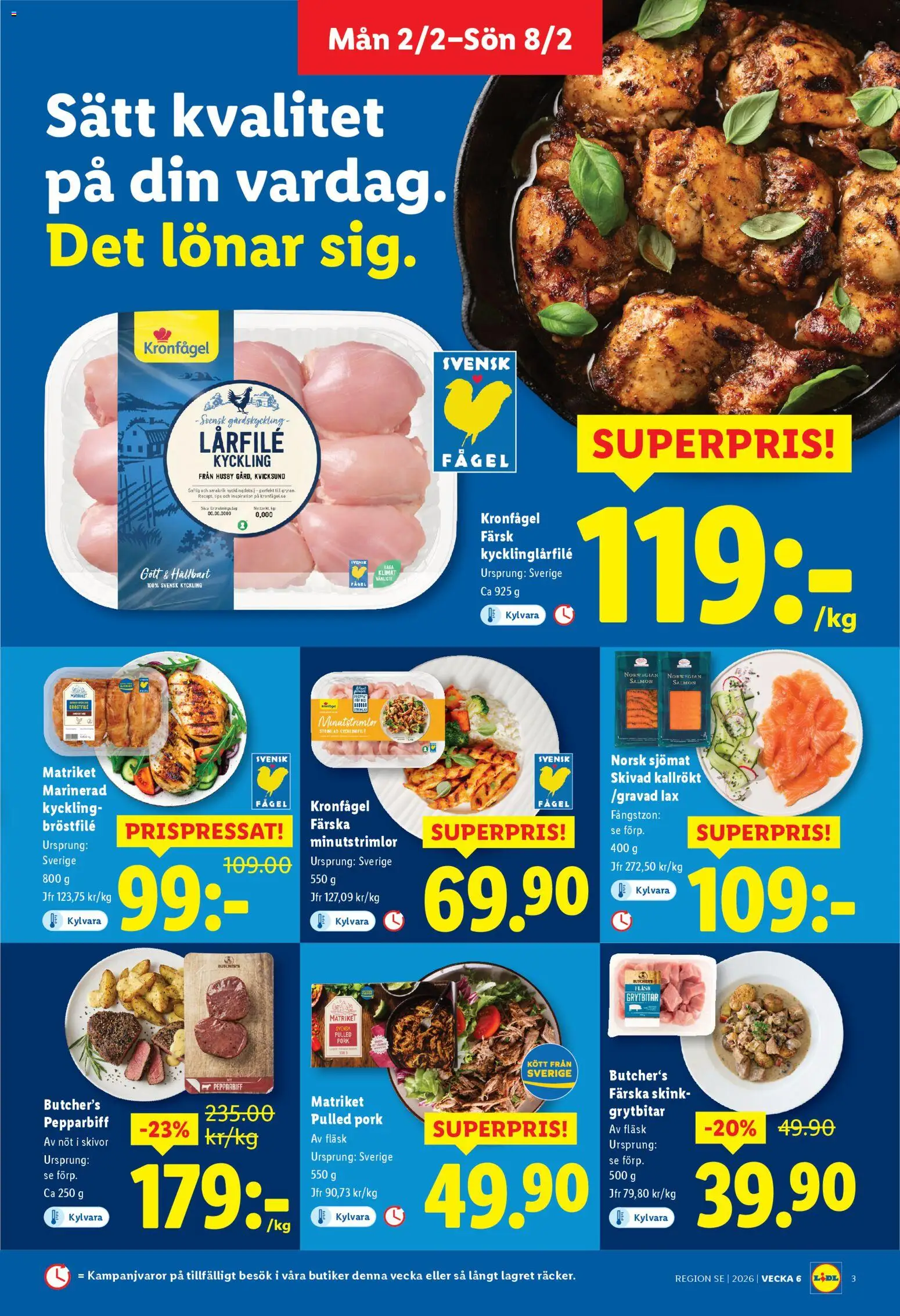 Lidl reklamblad aktuell från 02.02.2026 | Sida: 3 | Produkter: Kycklingfile, Lax, Fläsk