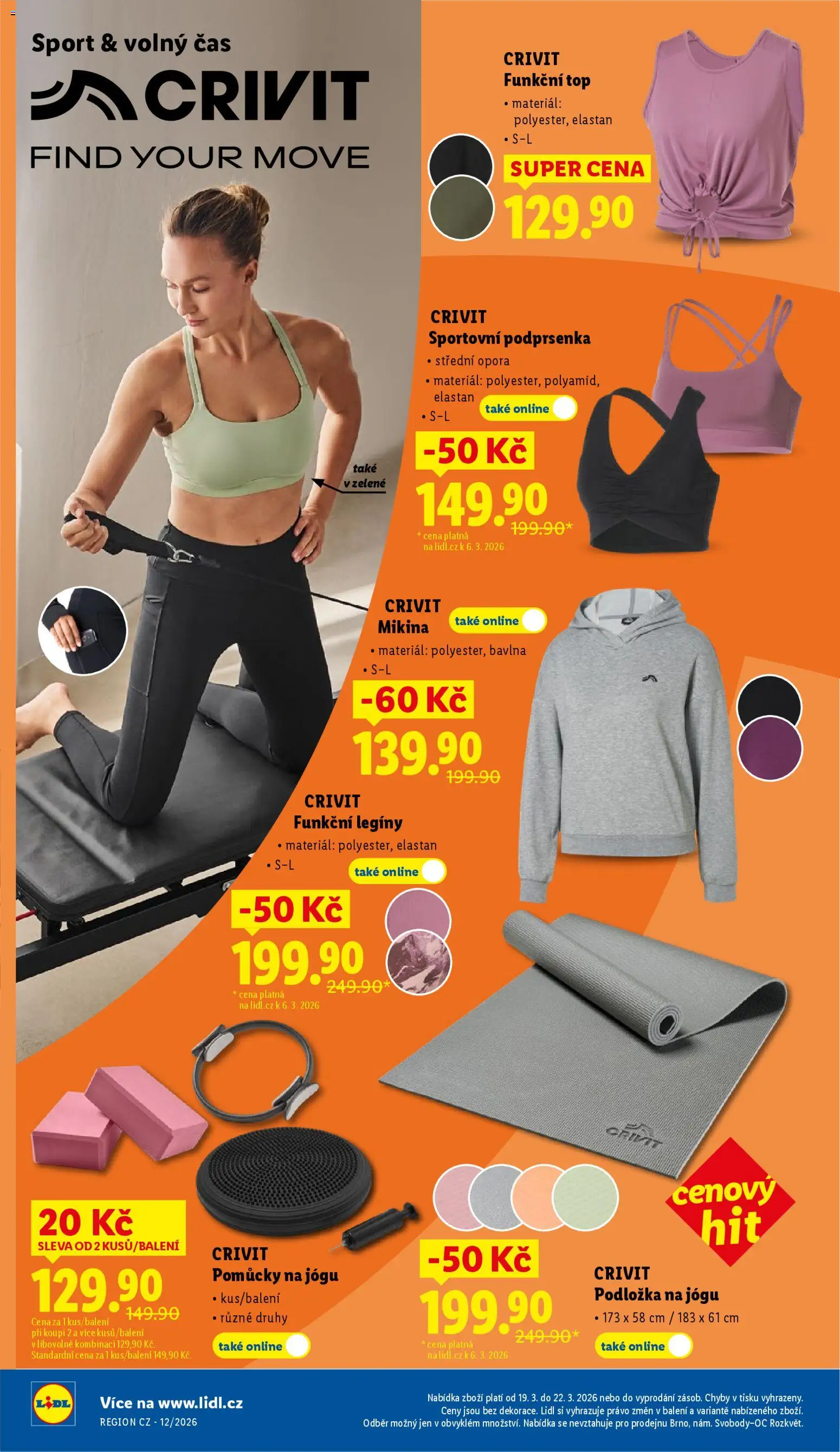 Lidl leták - Spotřební zboží od 19.03.2026 | Strana: 22 | Produkty: Mikina, Legíny, Podložka na jógu, Sportovní podprsenka