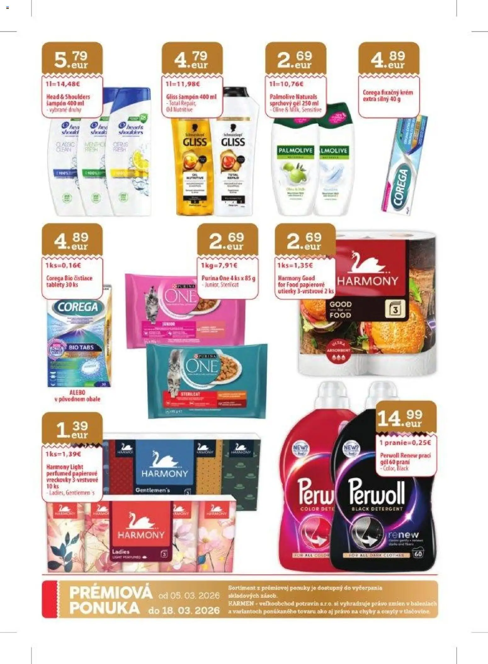 Nové KARMEN CBA akcie – leták je platný od 05.03.2026 | Strana: 32 | Produkty: Perwoll, Sprchový gél, Krém, Head & Shoulders
