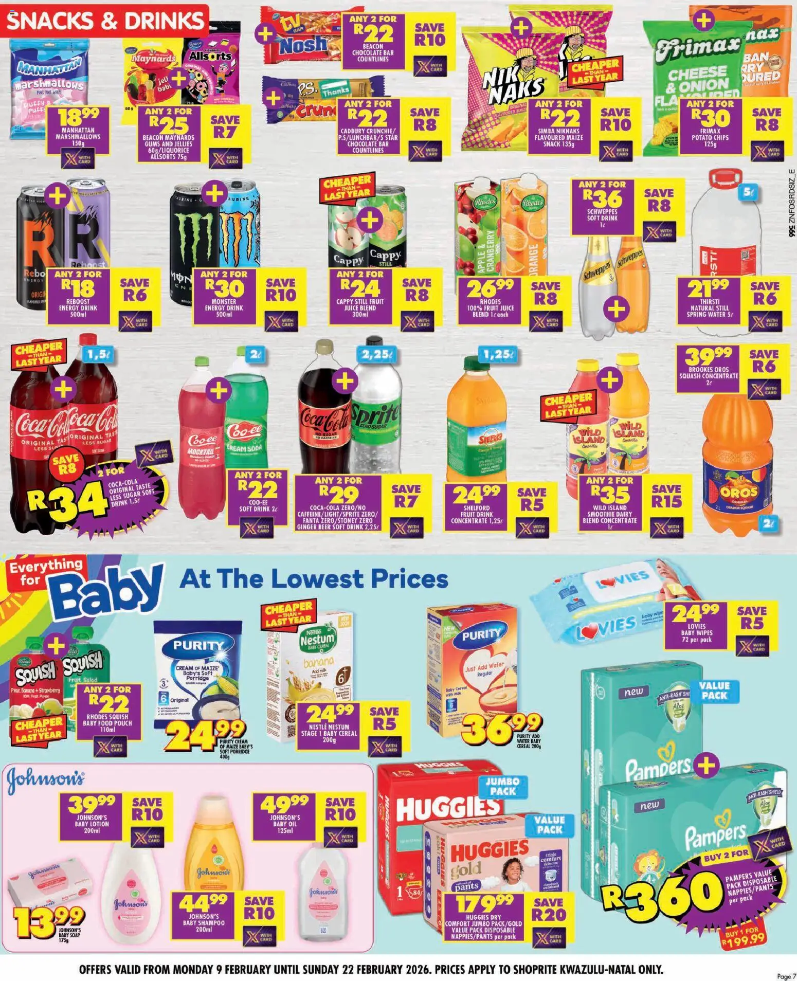 New Shoprite catalogue – valid from 09.02.2026 | Page: 7 | Products: Squash, Snacks, Water, Sugar