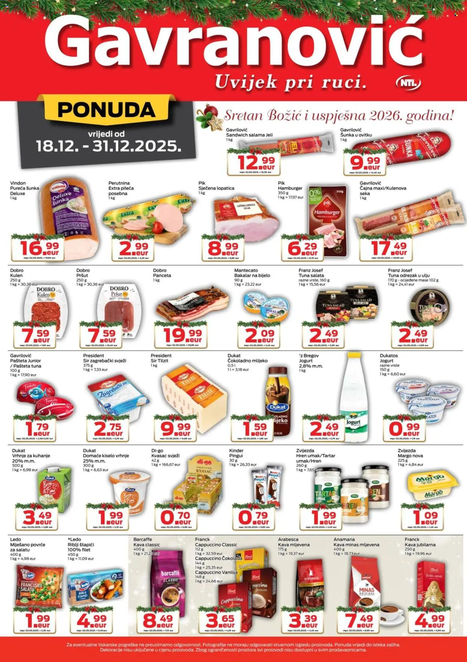 Gavranović katalog | vrijedi od 18.12.2025 | Stranica: 2 | Proizvodi: Mlijeko, Šunka, Hamburger, Cappuccino