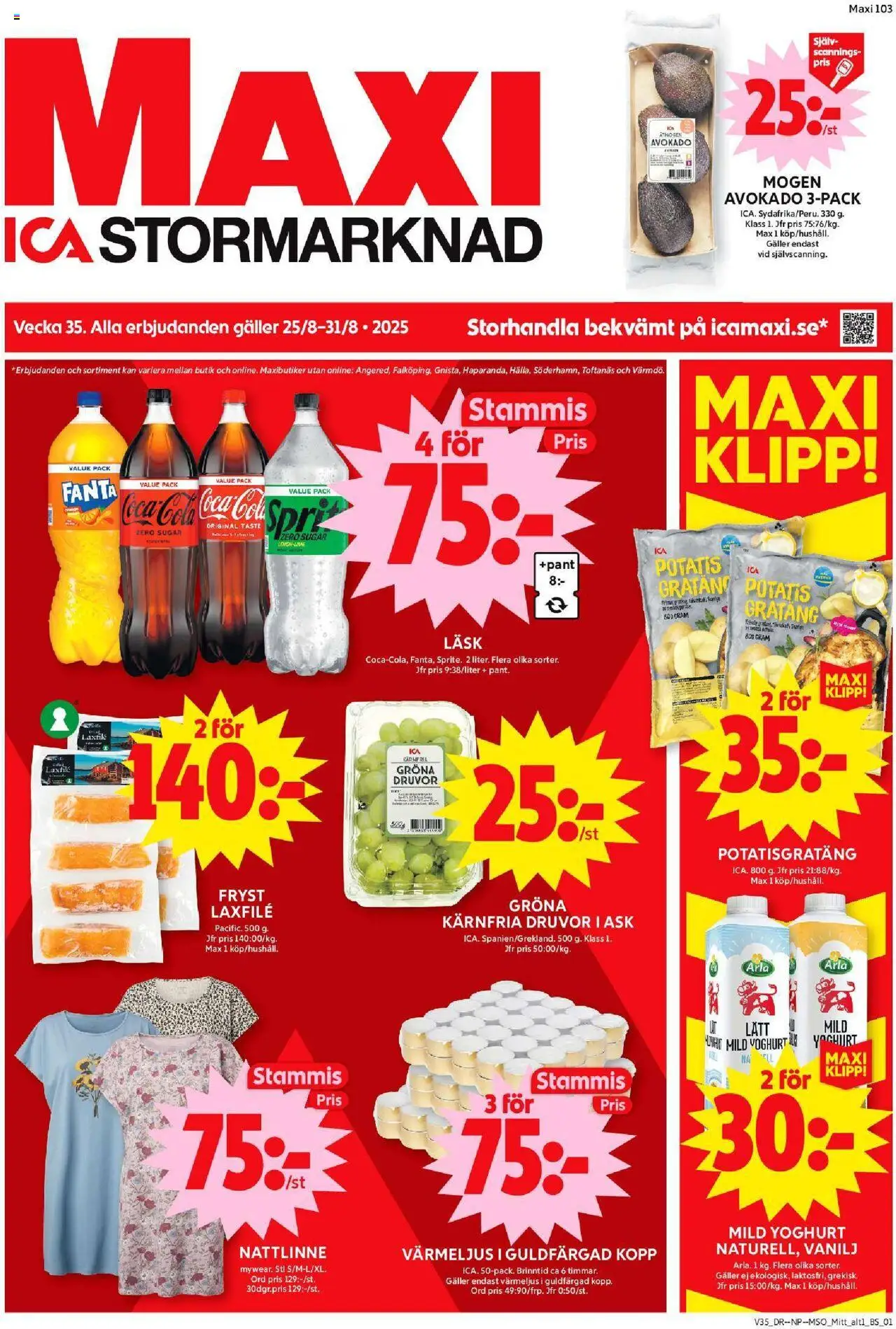ICA Maxi reklamblad aktuell från 25.08.2025 | Sida: 1 | Produkter: Avocado, Potatisgratäng, Yoghurt, Potatis