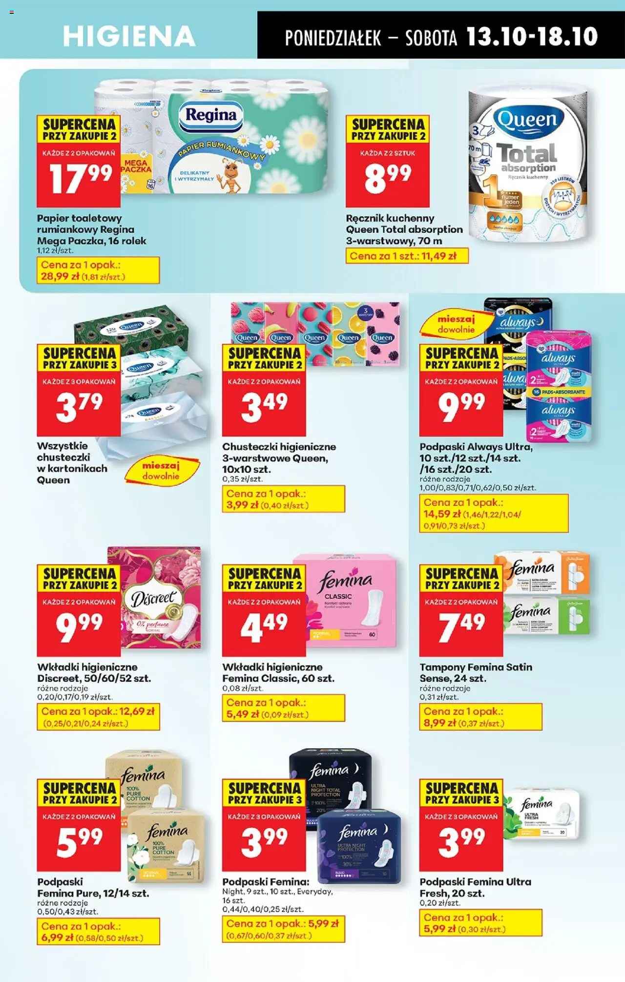 Biedronka gazetka od 13.10.2025 | Strona: 67 | Produkty: Podpaski always, Chusteczki higieniczne, Wkładki higieniczne, Podpaski femina