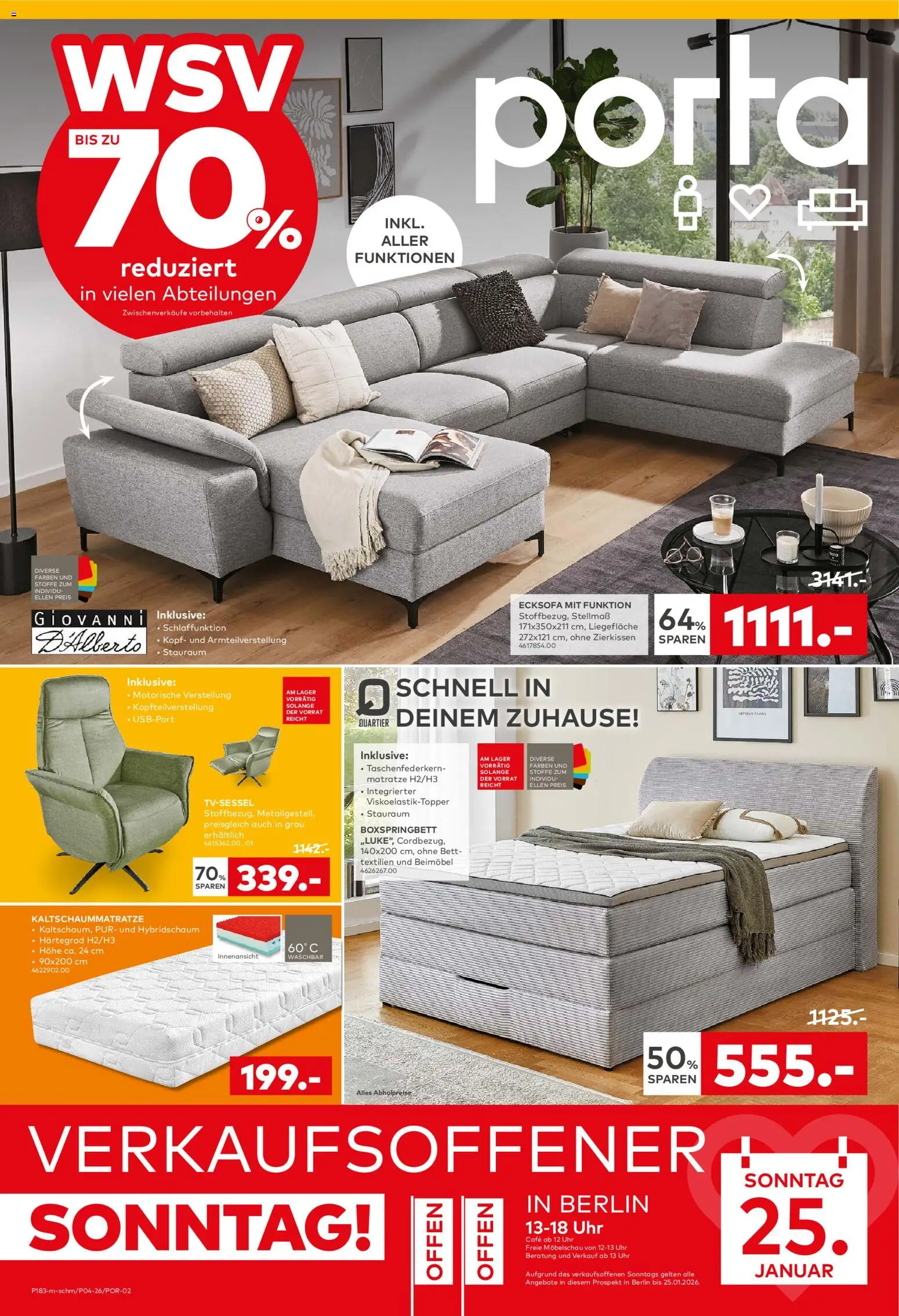 Porta! Bis zu 70% auf Möbel sparen beim WSV - Berlin – gültig ab 18.01.2026 | Seite: 1 | Produkte: Bett, Matratze, Boxspringbett, Uhr