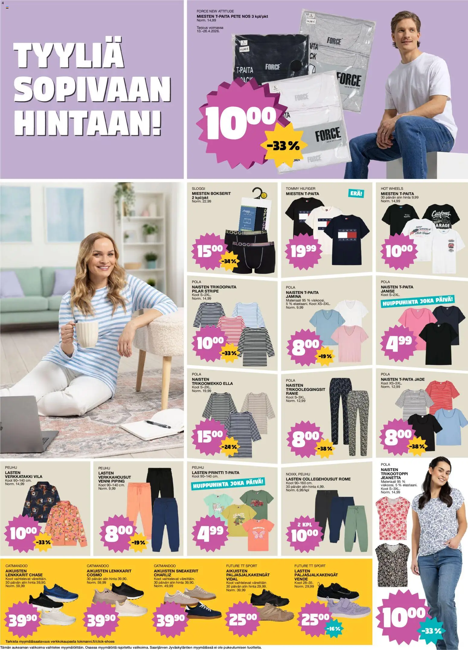 Tokmanni tarjoukset – voimassa 13.04.2026 alkaen | Sivu: 4 | Tuotteet: Paljasjalkakengät, T-paita, Bokserit, Lenkkarit