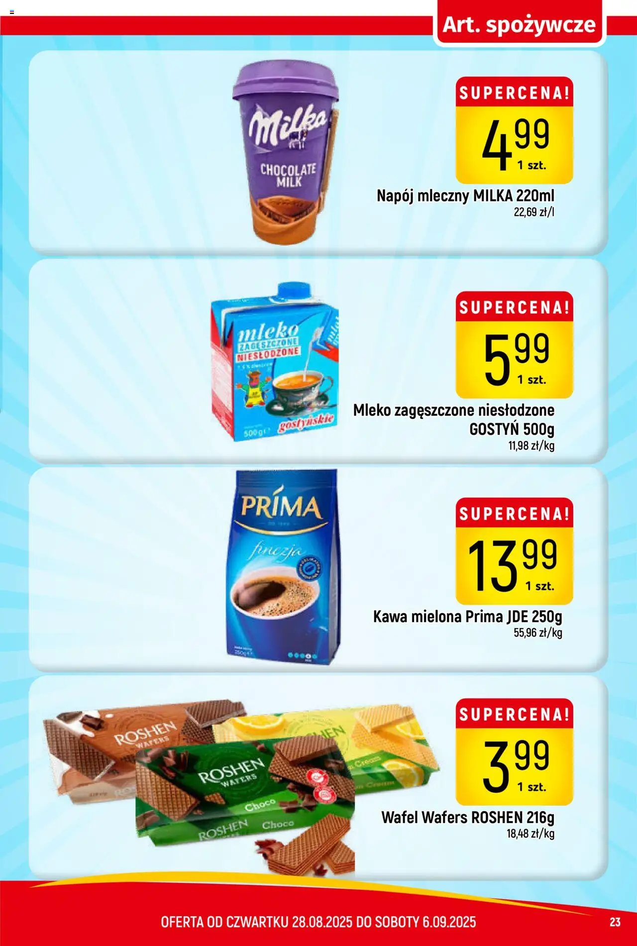 Piotruś Pan Gazetka od 28.08.2025 | Strona: 23 | Produkty: Mleko zagęszczone niesłodzone, Kawa mielona Prima, Milka, Mleko