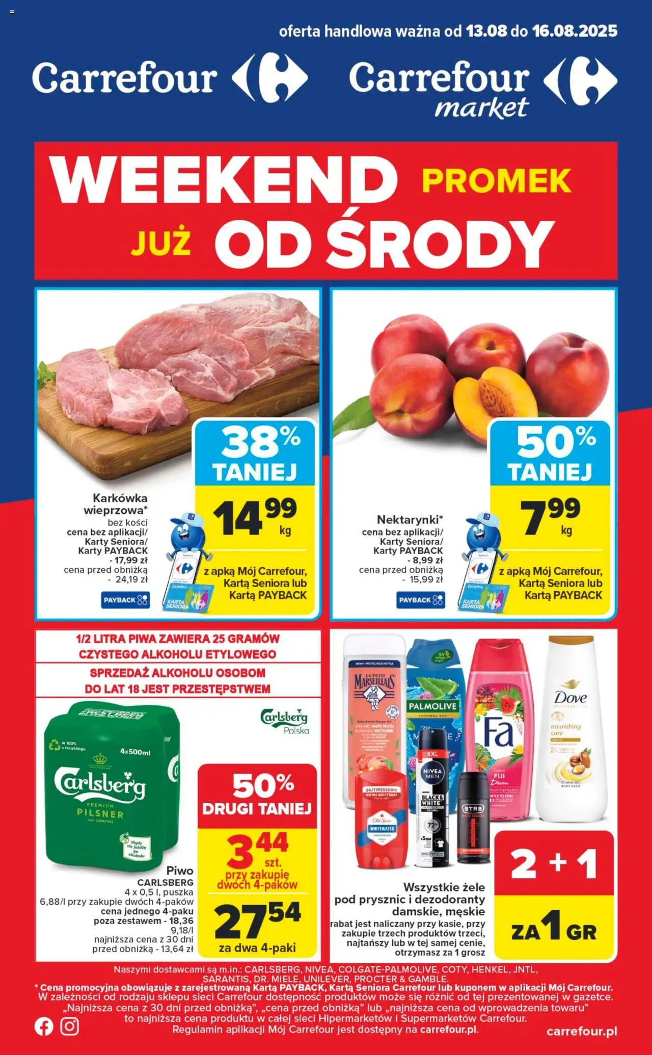 Carrefour Gazetka - Weekend promek juz od środy od 13.08.2025 | Strona: 1 | Produkty: Karta, Prysznic, Piwo Carlsberg, Piwo