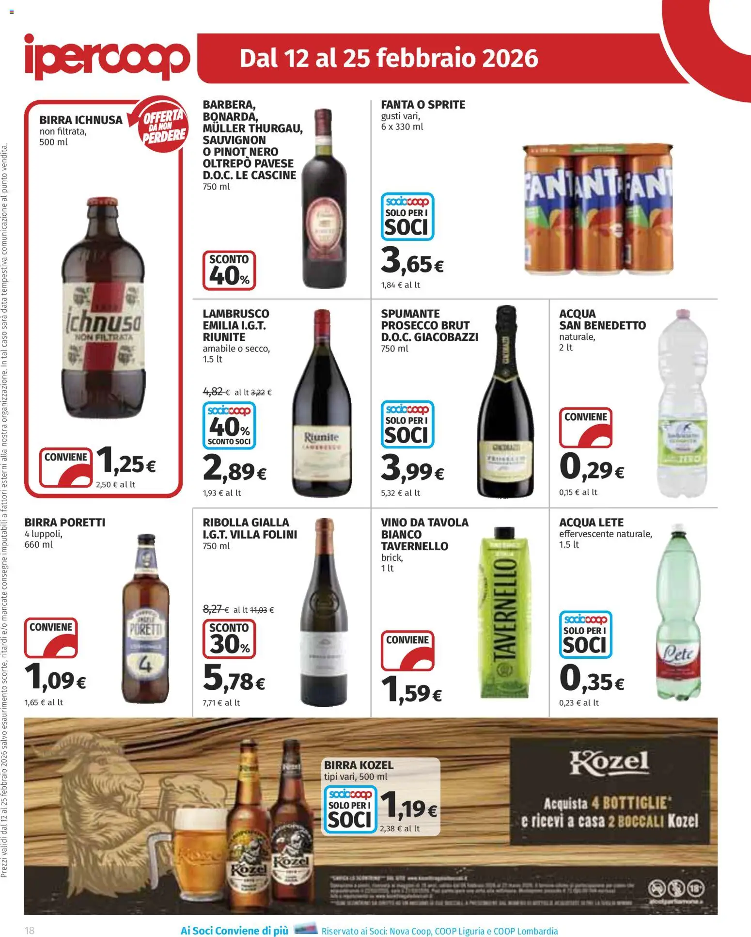 Volantino Ipercoop del 12.02.2026 | Pagina: 18 | Prodotti: Prosecco, Acqua, Vino, Fanta