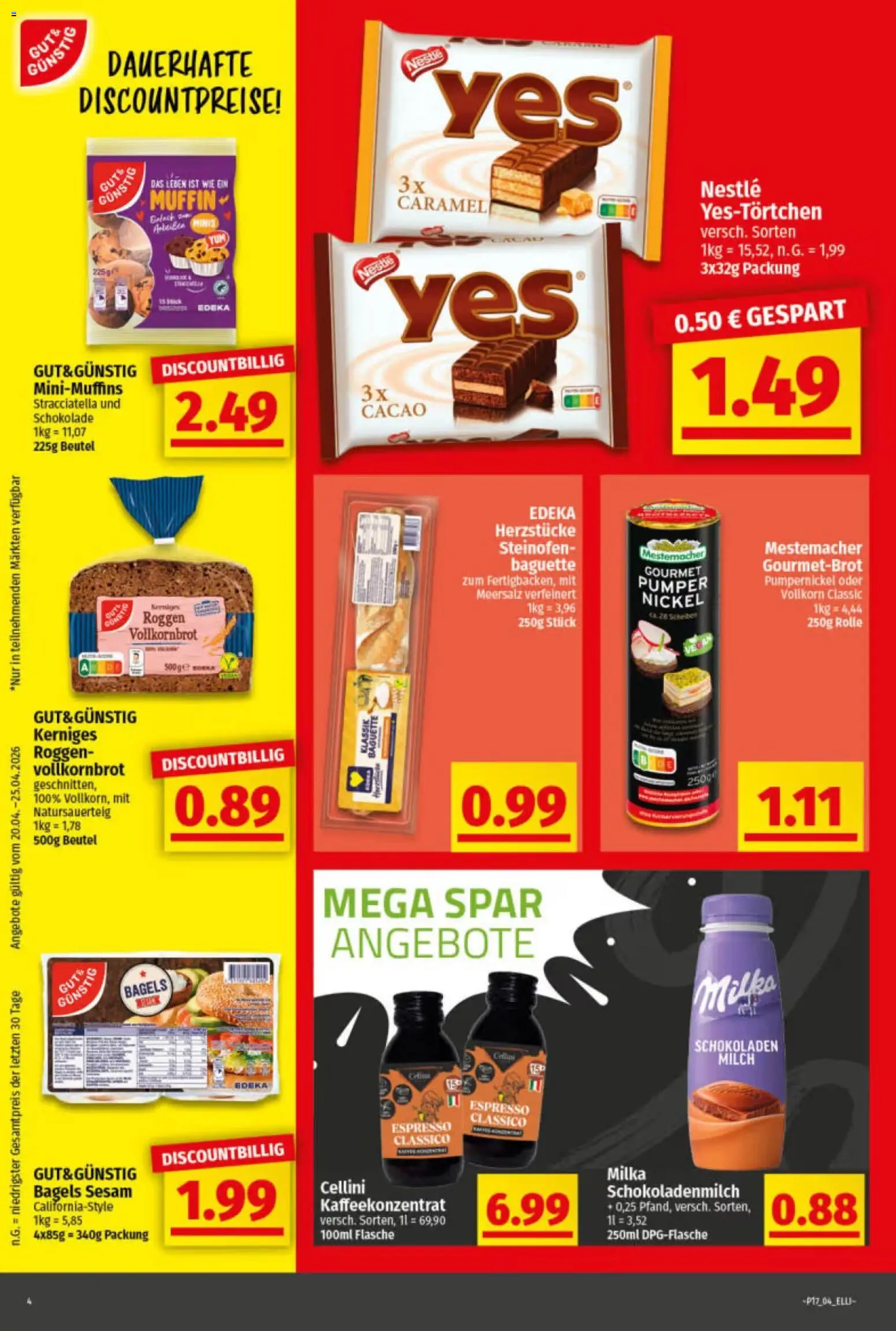 Elli Markt Prospekt Greffen – gültig ab 20.04.2026 | Seite: 4 | Produkte: Milch, Schokolade, Vollkornbrot, Baguette