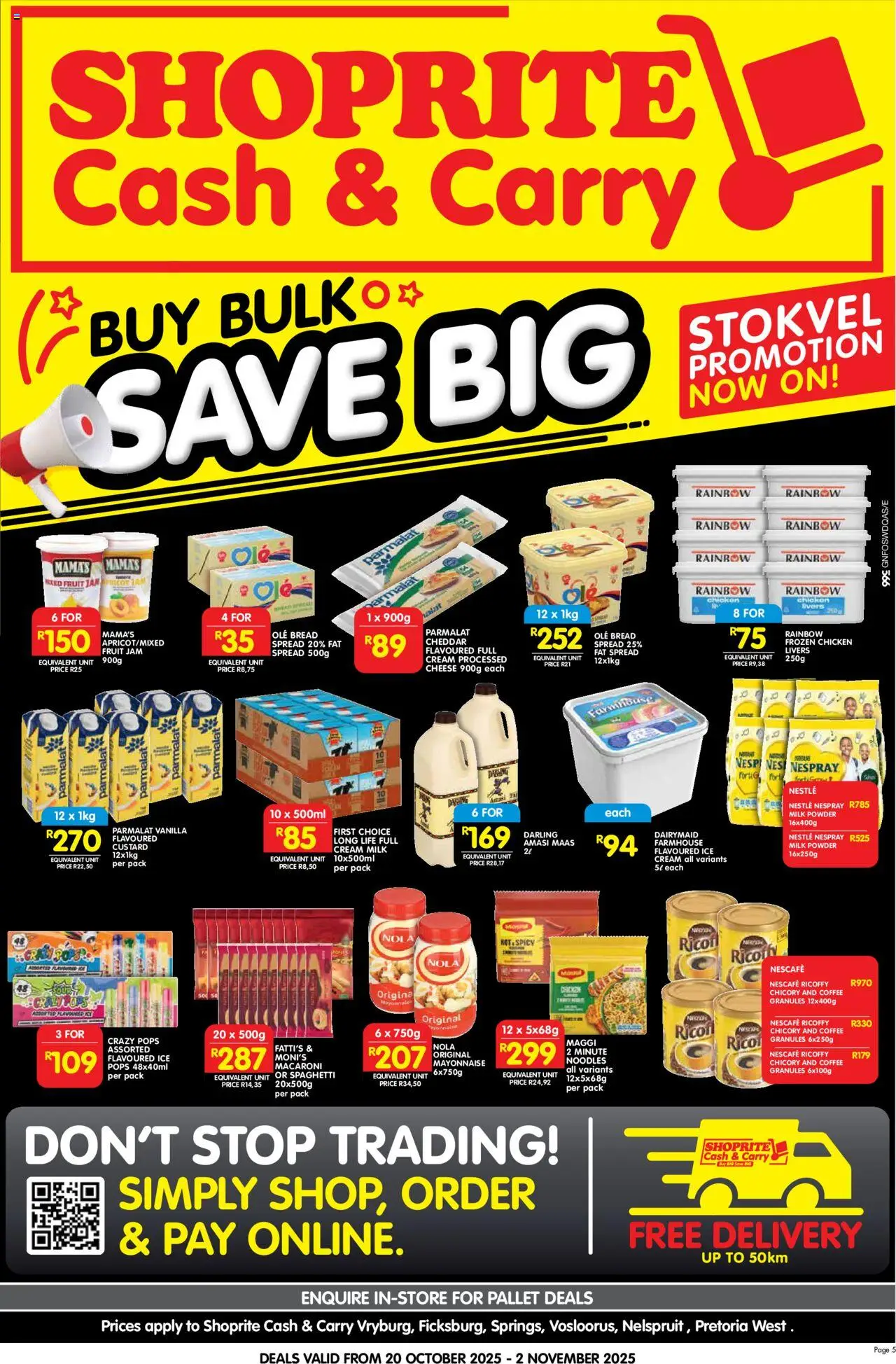 New Shoprite catalogue – valid from 20.10.2025 | Page: 5 | Products: Milk, Coffee, Noodles, Cream