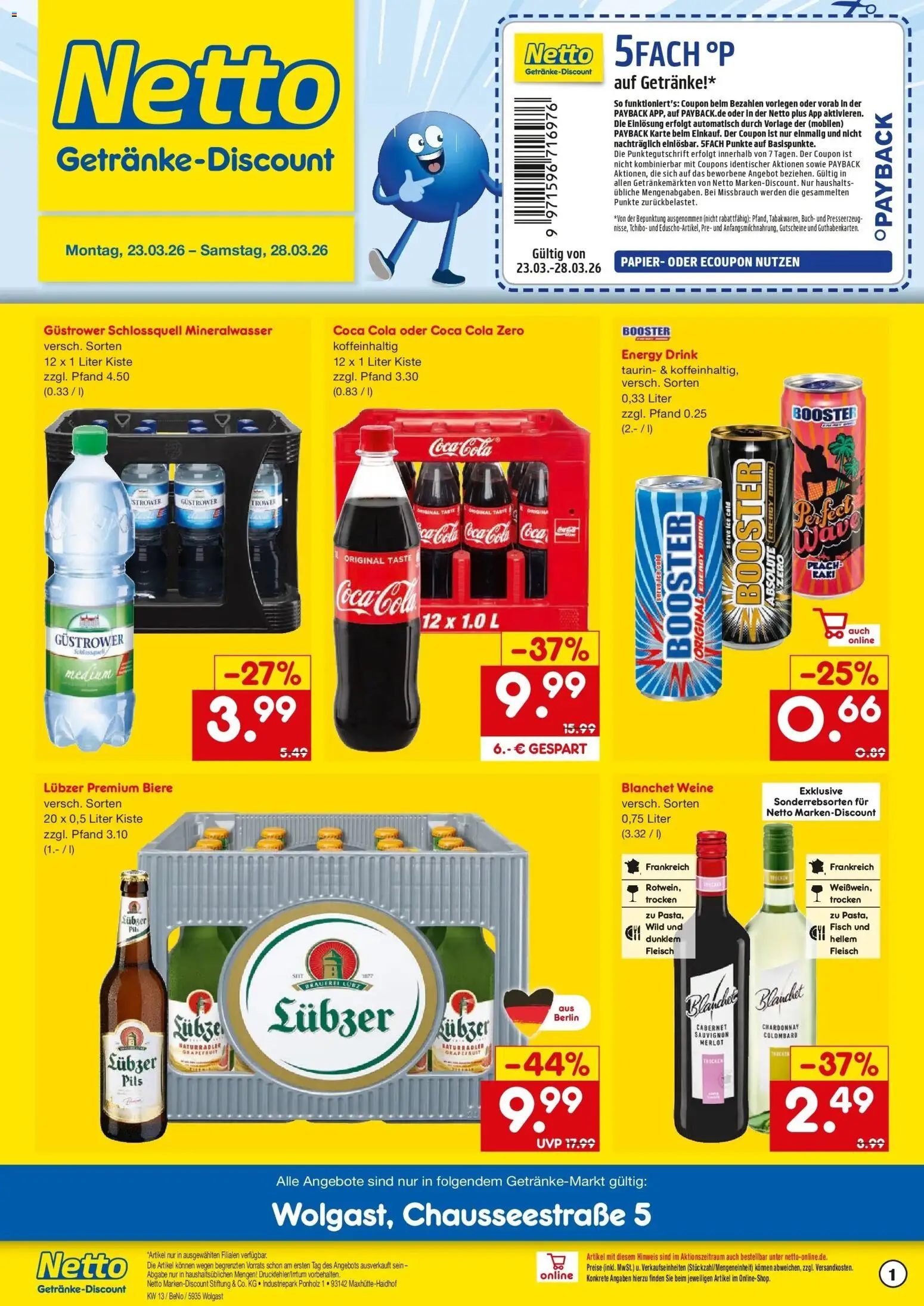 Netto Marken-Discount Prospekt Wolgast	 – gültig ab 23.03.2026 | Seite: 1 | Produkte: Pils, Mineralwasser, Fleisch, Lubzer