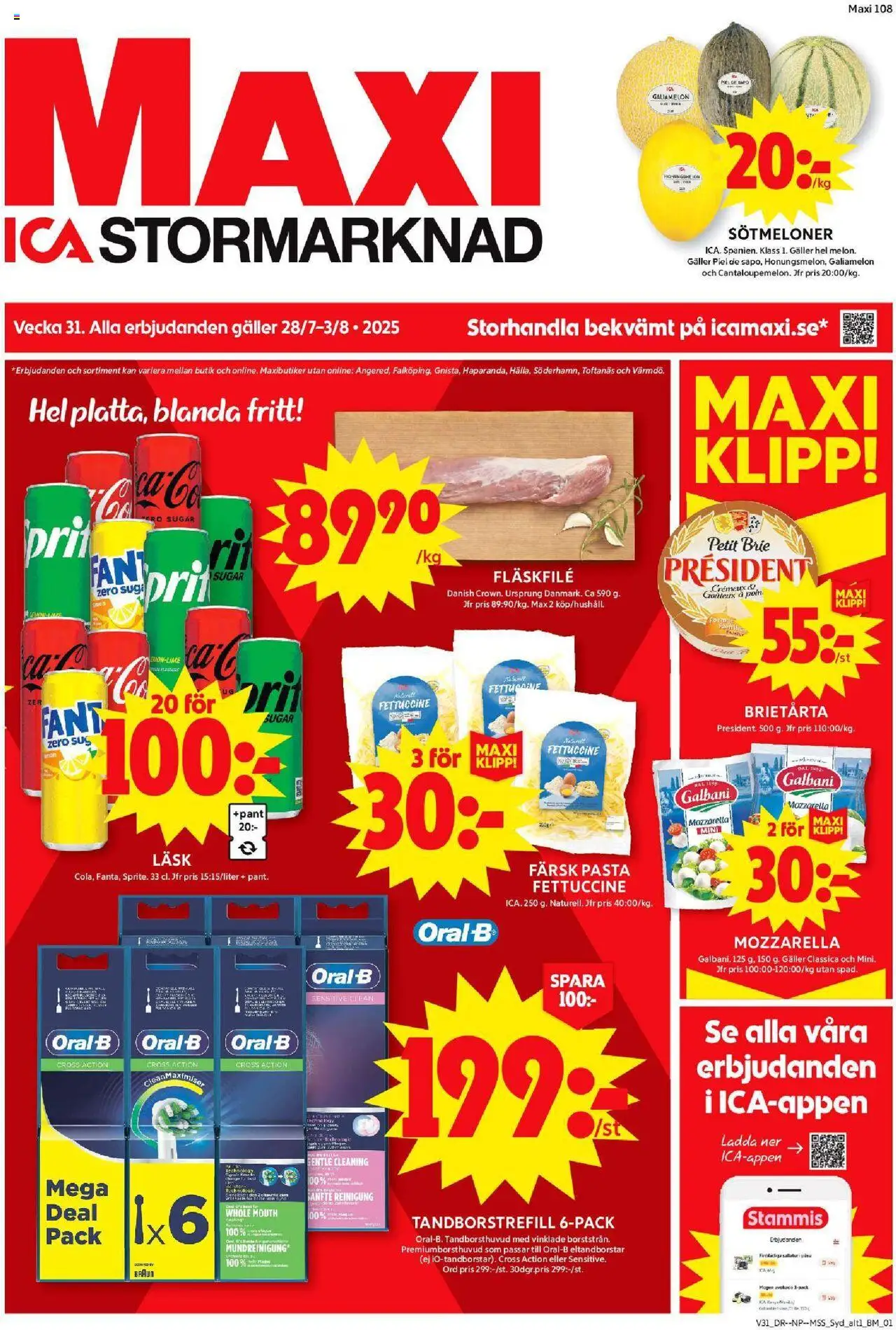 ICA Maxi reklamblad aktuell från 28.07.2025 | Sida: 1 | Produkter: Galler, Pasta