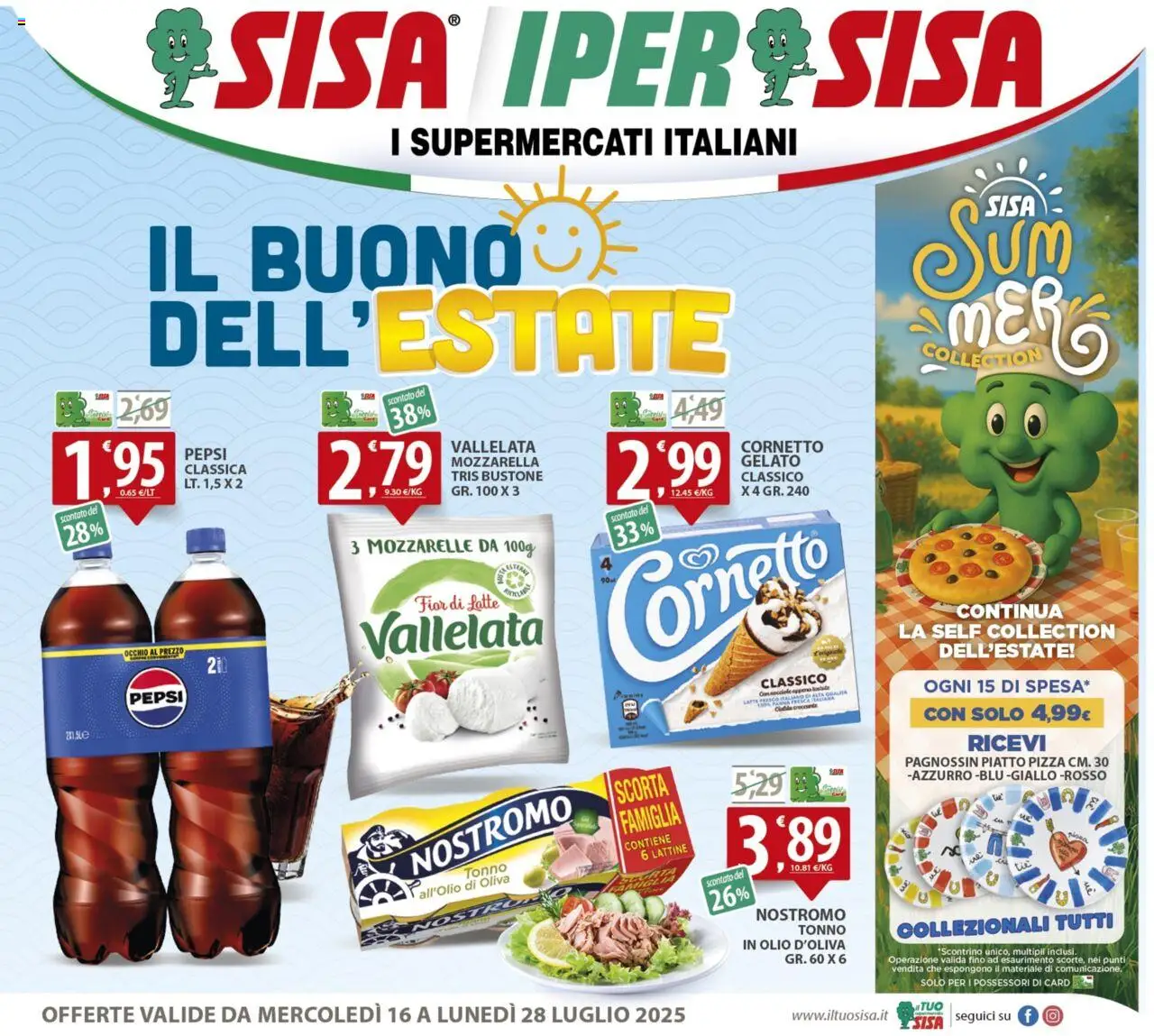 Volantino SISA del 16.07.2025 | Pagina: 1 | Prodotti: Gelato, Mozzarella, Tonno, Piatto