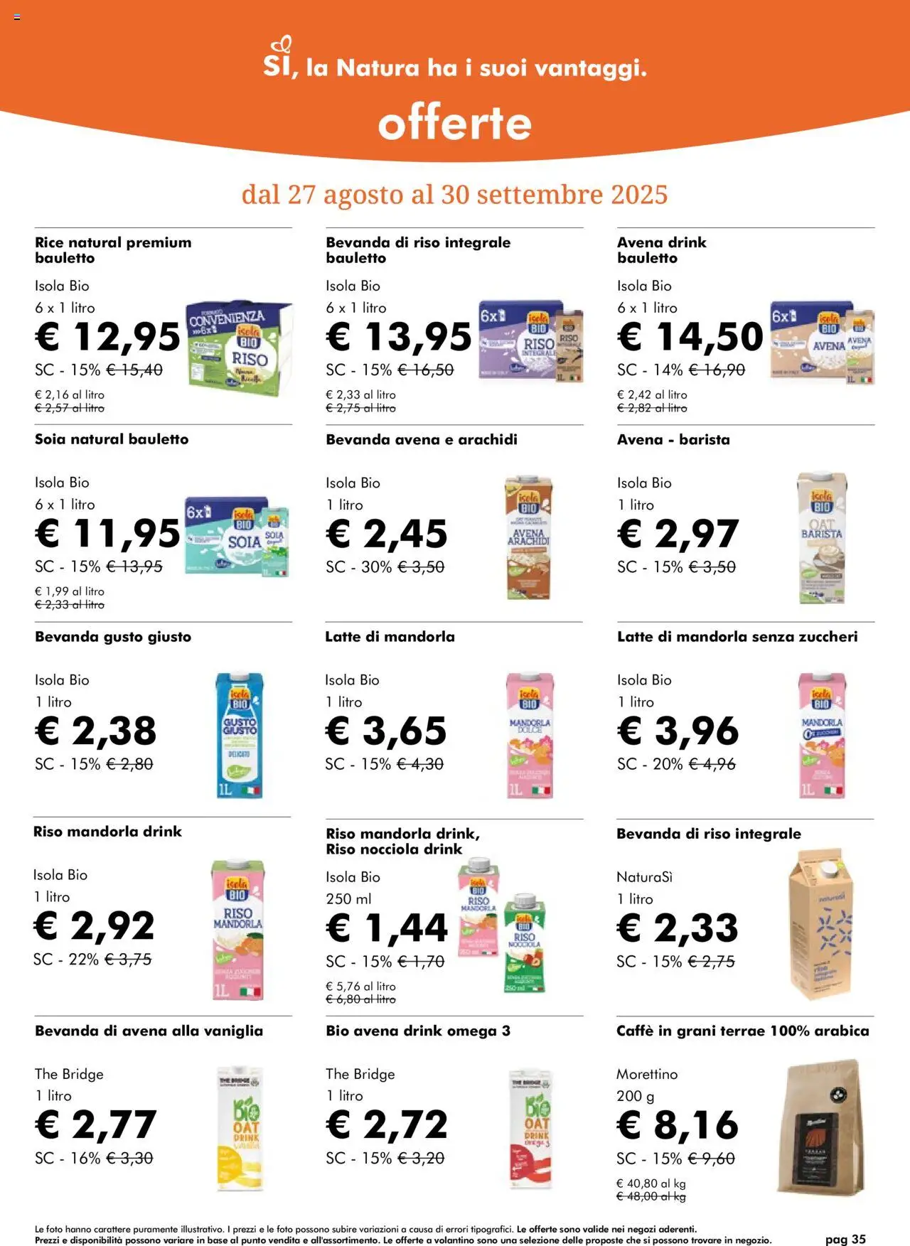 Volantino Natura Sì del 27.08.2025 | Pagina: 35 | Prodotti: Caffè, Latte, Caffè in grani, Bevanda di riso