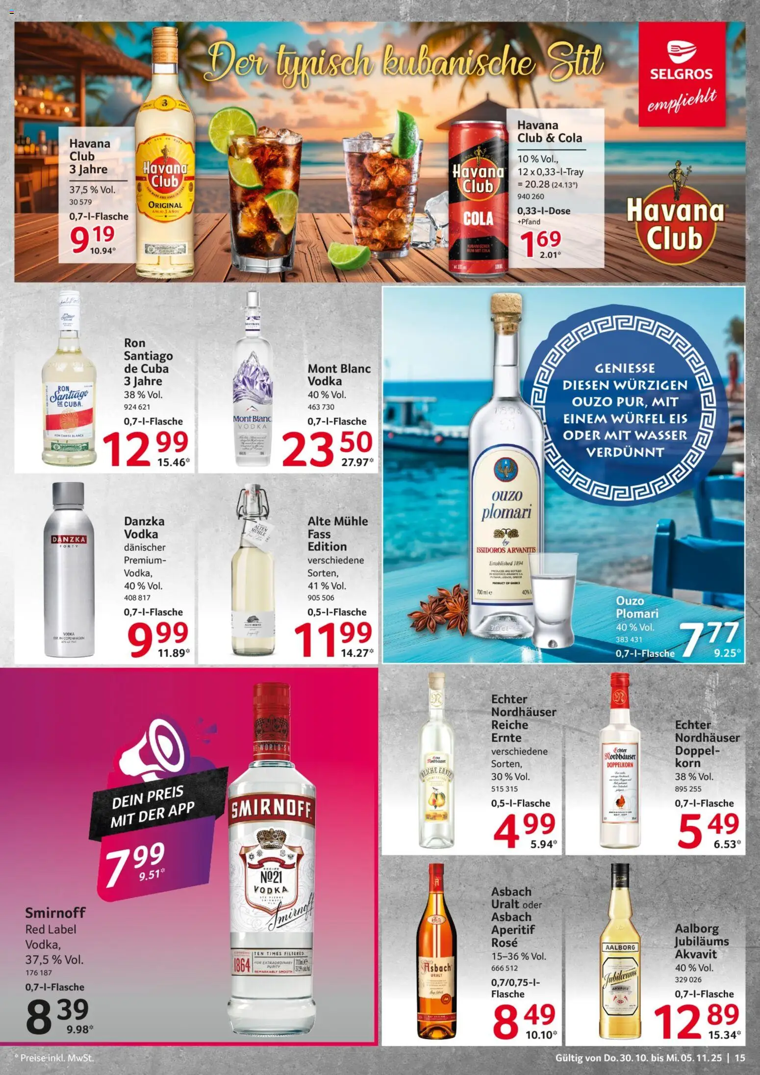 Selgros Prospekt 	 – gültig ab 30.10.2025 | Seite: 15 | Produkte: Ouzo, Wasser, Smirnoff, Asbach