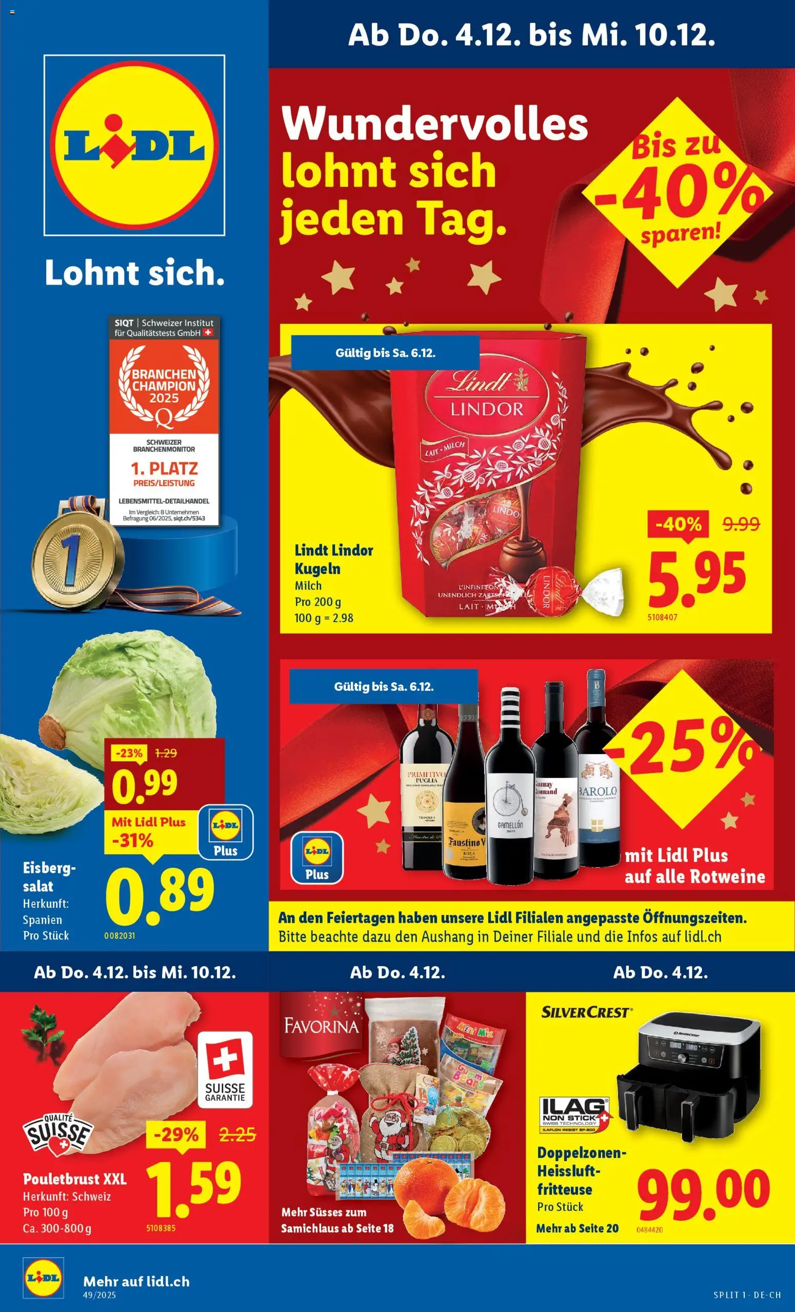 Lidl Aktionen – gültig ab 04.12.2025 | Seite: 1 | Produkte: Pouletbrust, Milch, Salat, Fritteuse
