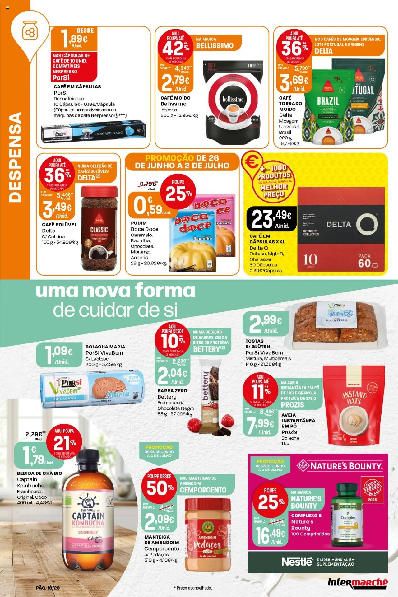 Intermarché folheto │ válido de 26.06.2025 | Página: 18 | Produtos: Aveia, Delta q, Pudim, Chocolate