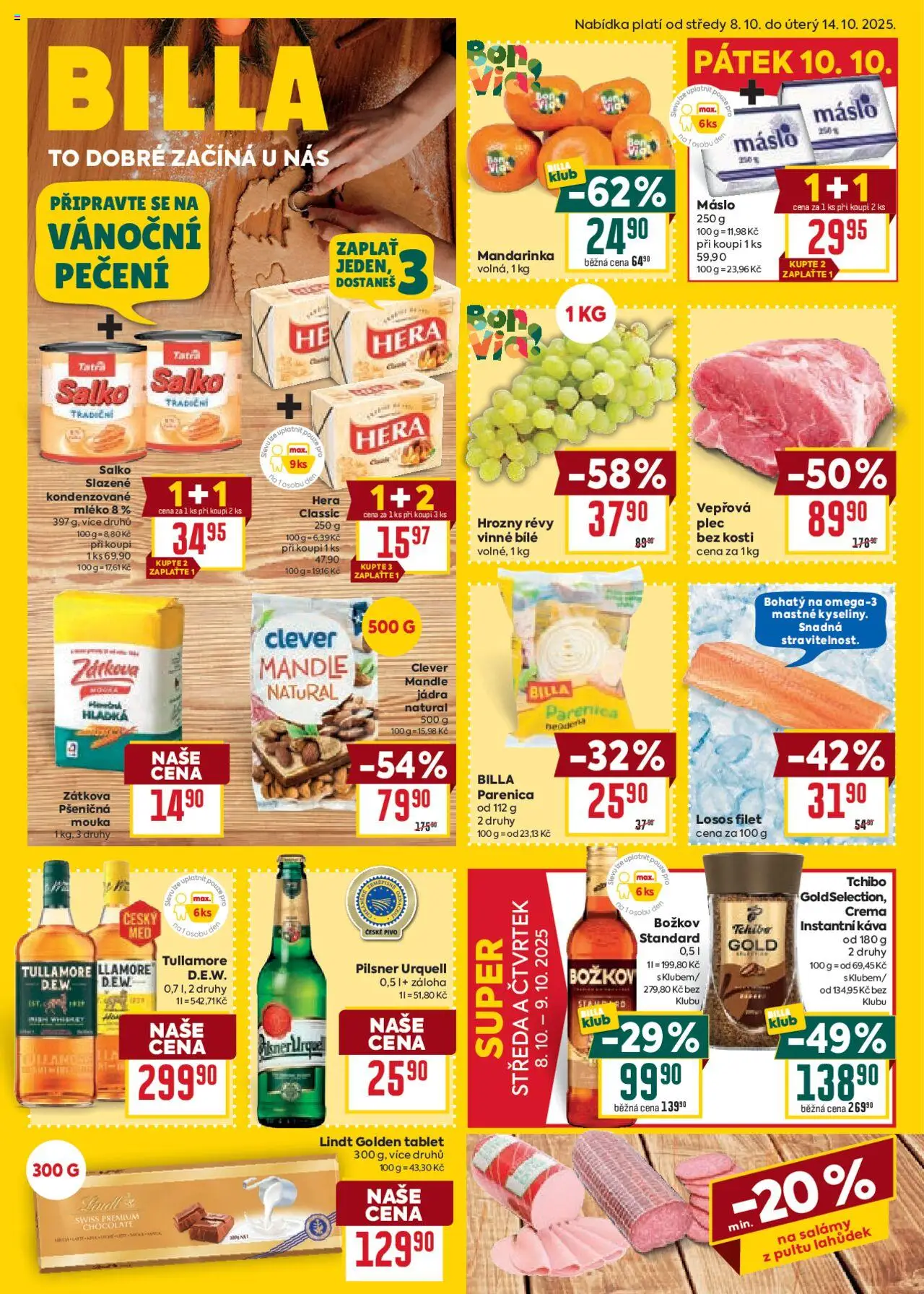 Billa Velký leták od 08.10.2025 | Strana: 1 | Produkty: Káva, Pivo, Losos Filet, Pilsner