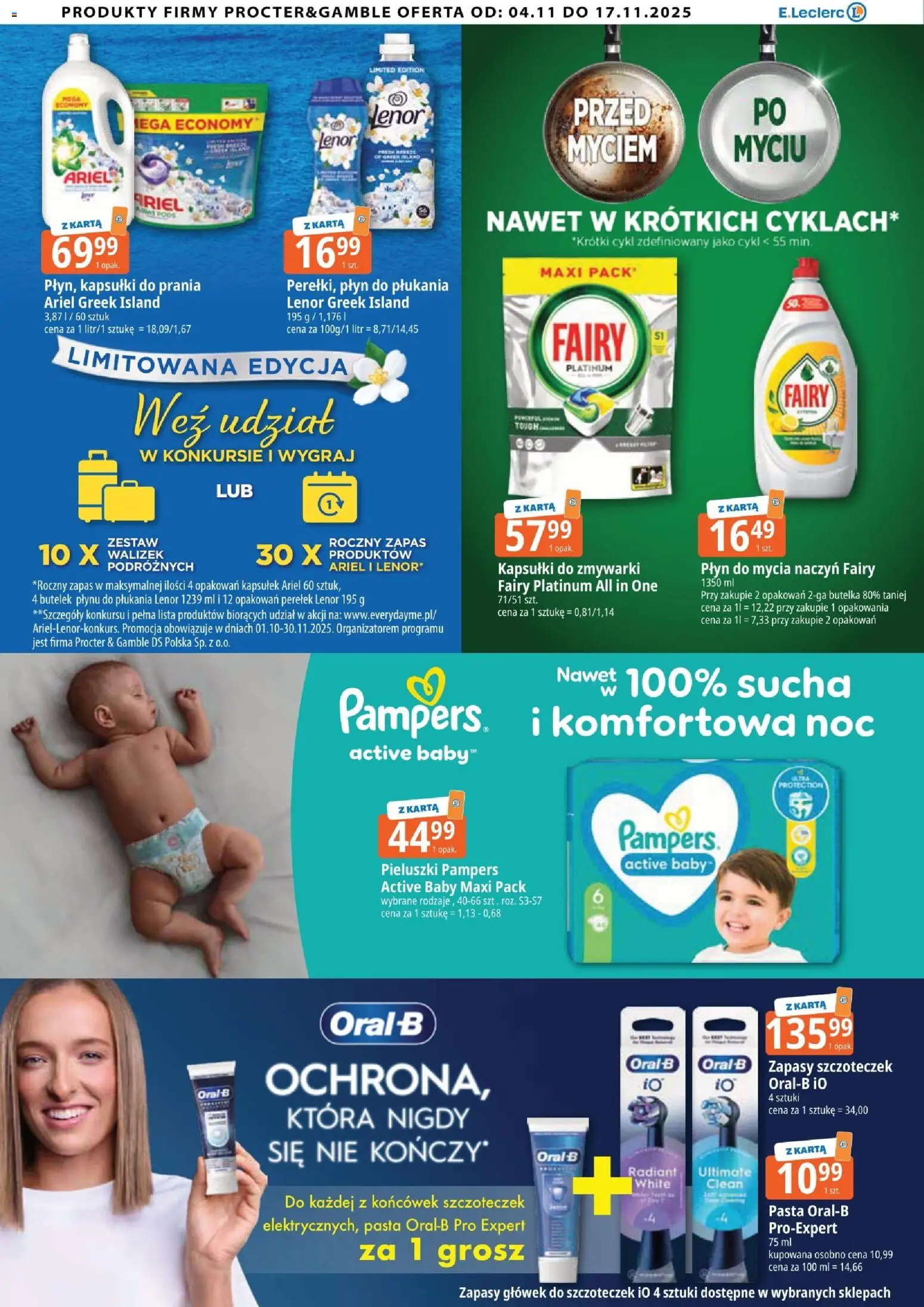 E.Leclerc Gazetka - Procter&Gamble od 04.11.2025 | Strona: 1 | Produkty: Pampers, Kapsułki do prania, Fairy, Kapsułki do zmywarki