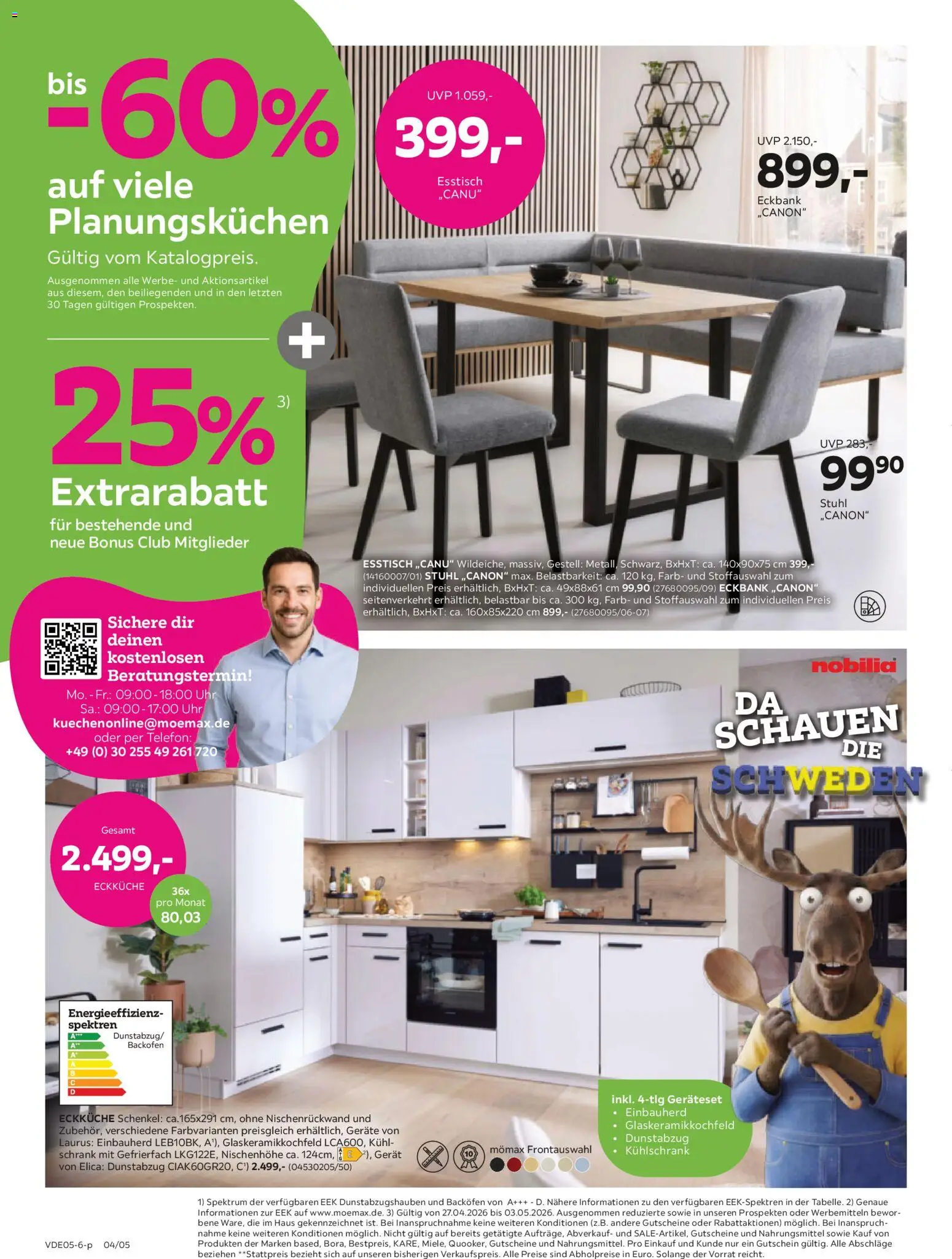 Mömax Prospekt 	 – gültig ab 27.04.2026 | Seite: 4 | Produkte: Eckbank, Kühlschrank, Dunstabzug, Uhr