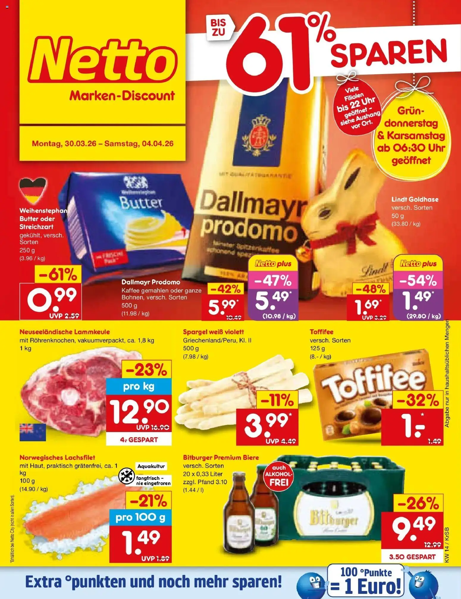 Netto Marken-Discount Prospekt Jüchen	 – gültig ab 29.03.2026 | Seite: 1 | Produkte: Bitburger, Lammkeule, Kaffee, Uhr