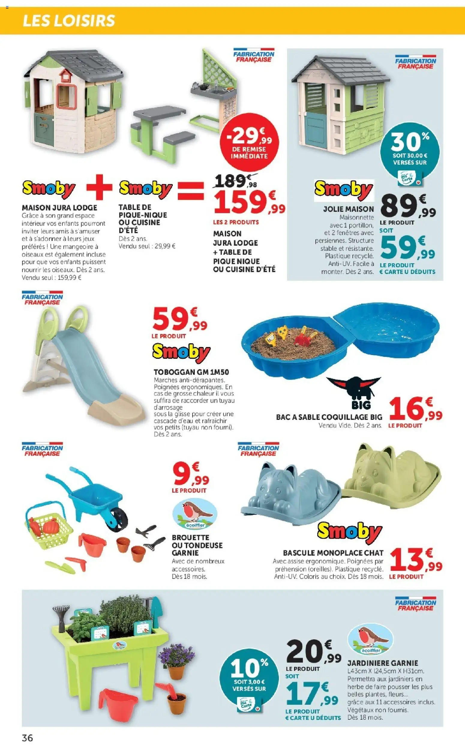 {H1} | Page: 36 | Produits: Tondeuse, Jardinière, Tuyau, Jeux