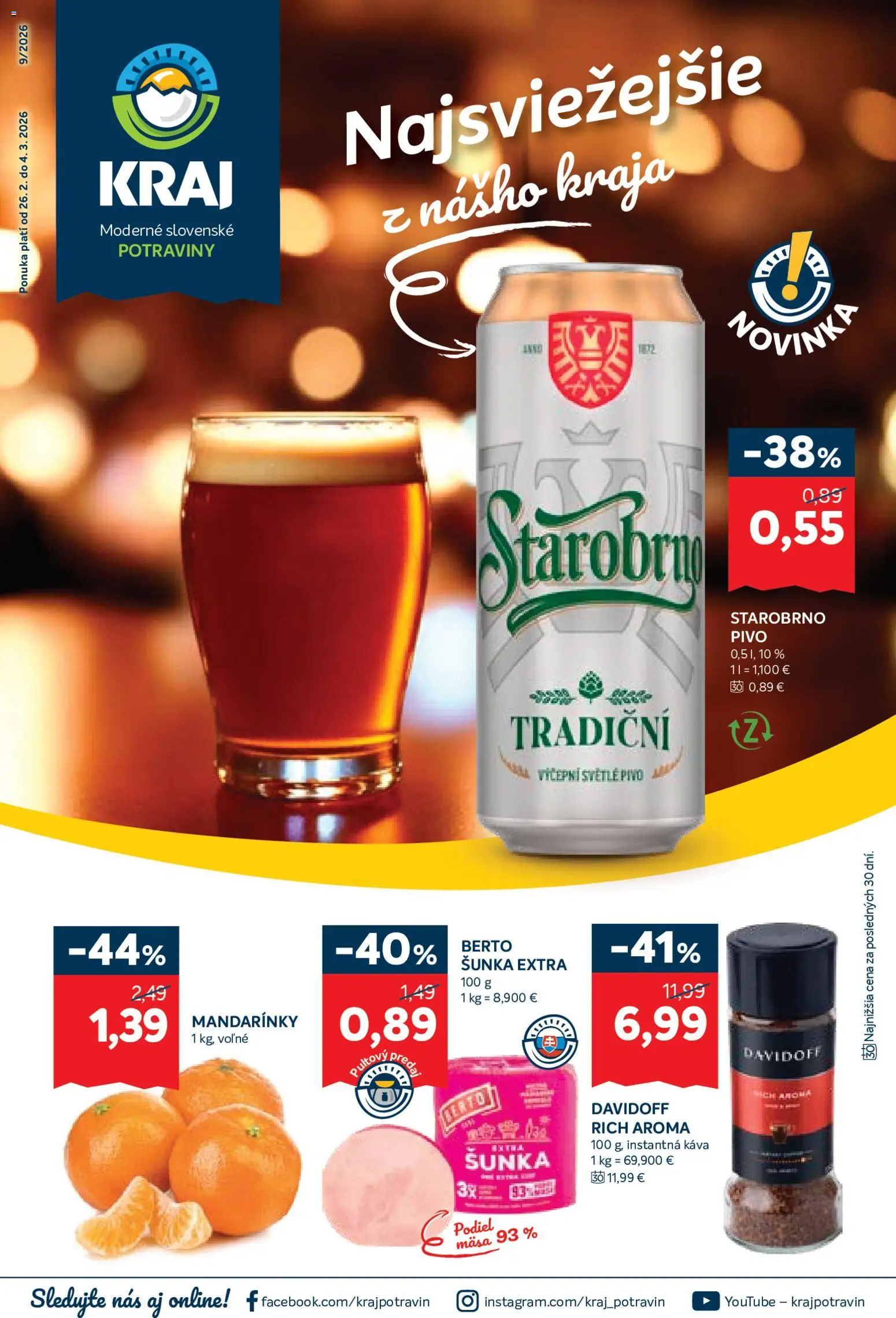 Nové Kraj akcie – leták je platný od 26.02.2026 | Strana: 1 | Produkty: Davidoff, Káva, Šunka, Mandarinky