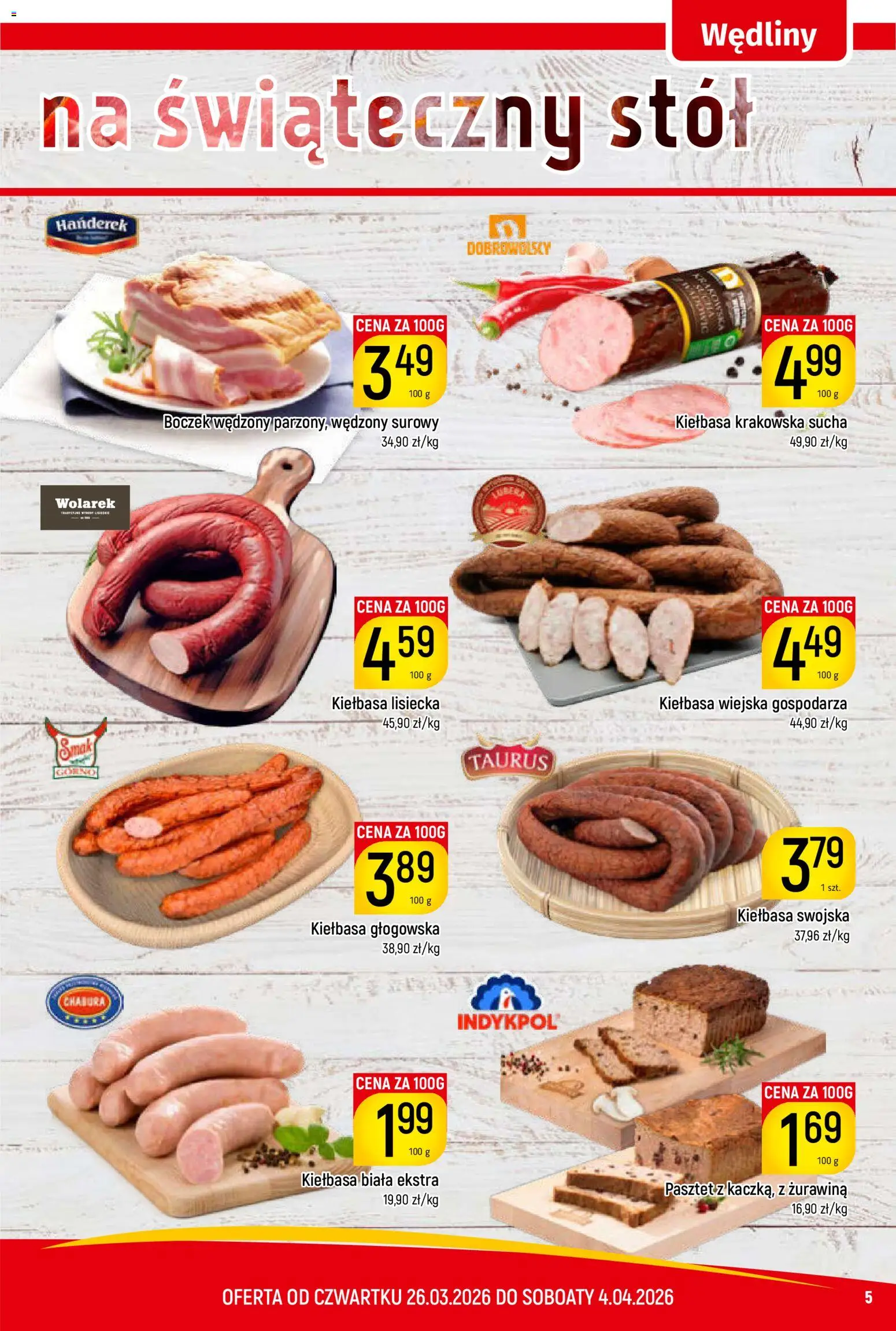 Piotruś Pan gazetka od 26.03.2026 | Strona: 5 | Produkty: Kiełbasa lisiecka, Boczek wędzony, Żurawina, Wędliny