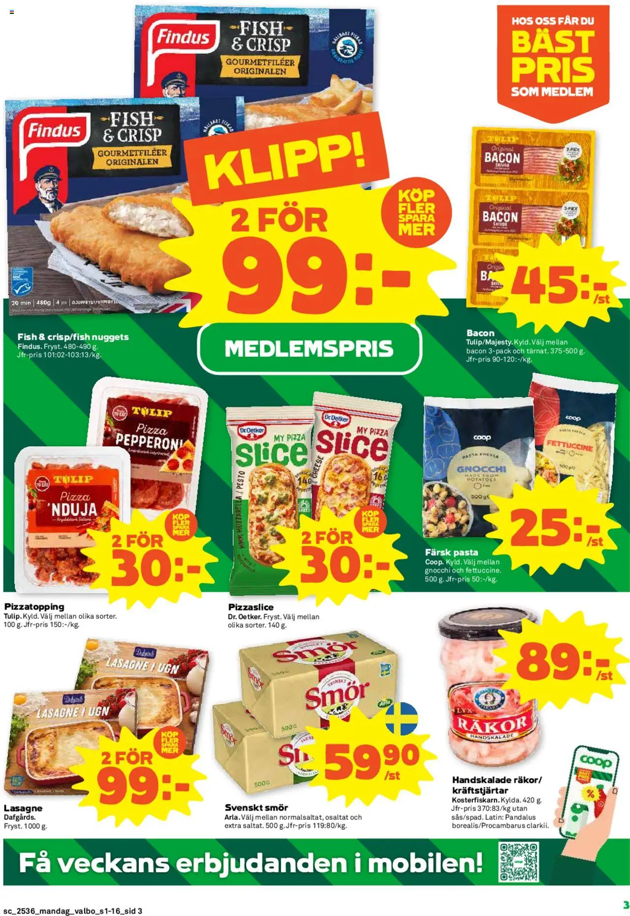 Coop Forum reklamblad aktuell från 01.09.2025 | Sida: 3 | Produkter: Räkor, Smör, Pizza, Pasta