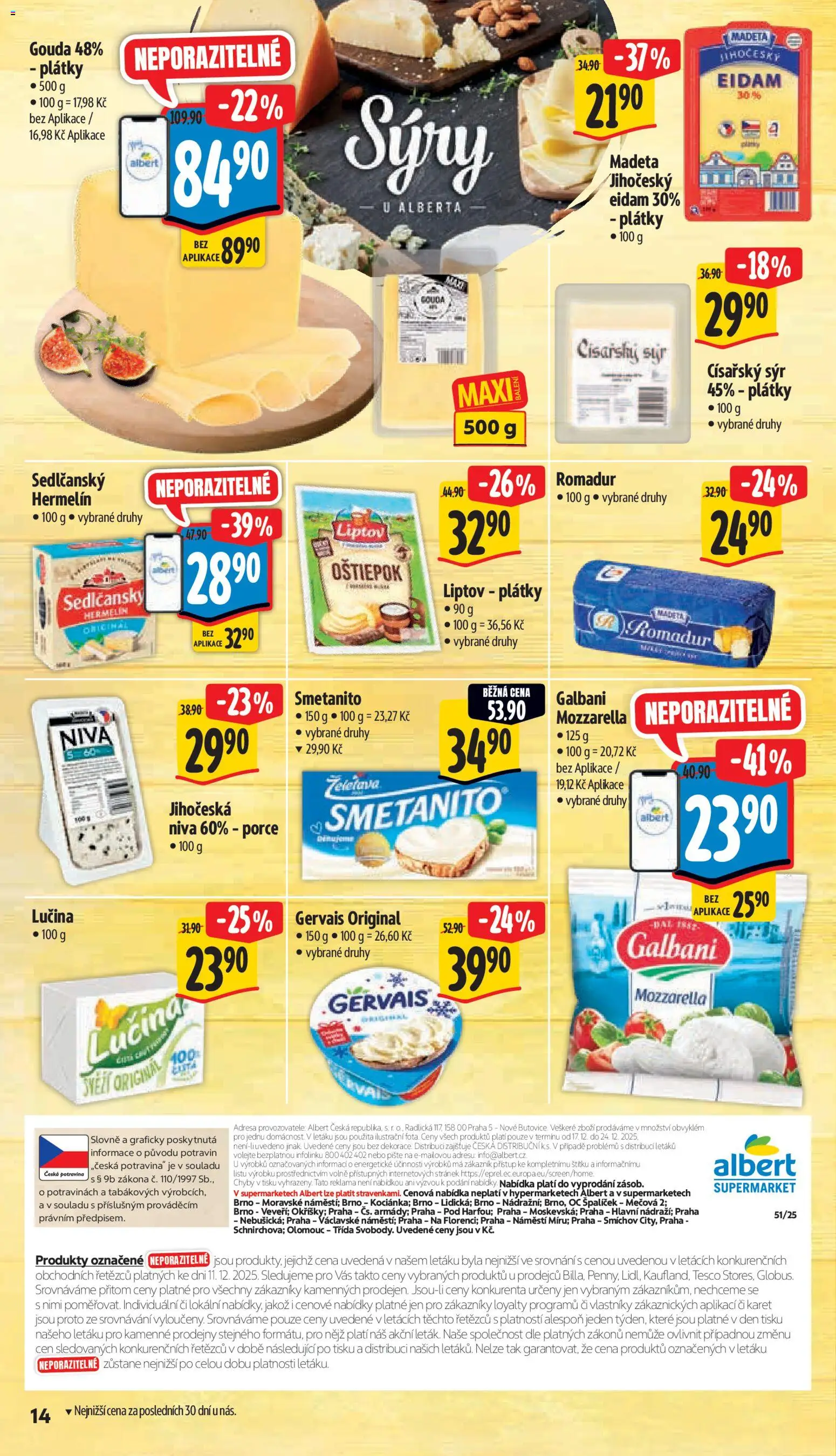 Albert leták - Supermarket od 17.12.2025 | Strana: 22 | Produkty: Sedlčanský Hermelín, Eidam, Mozzarella, Niva