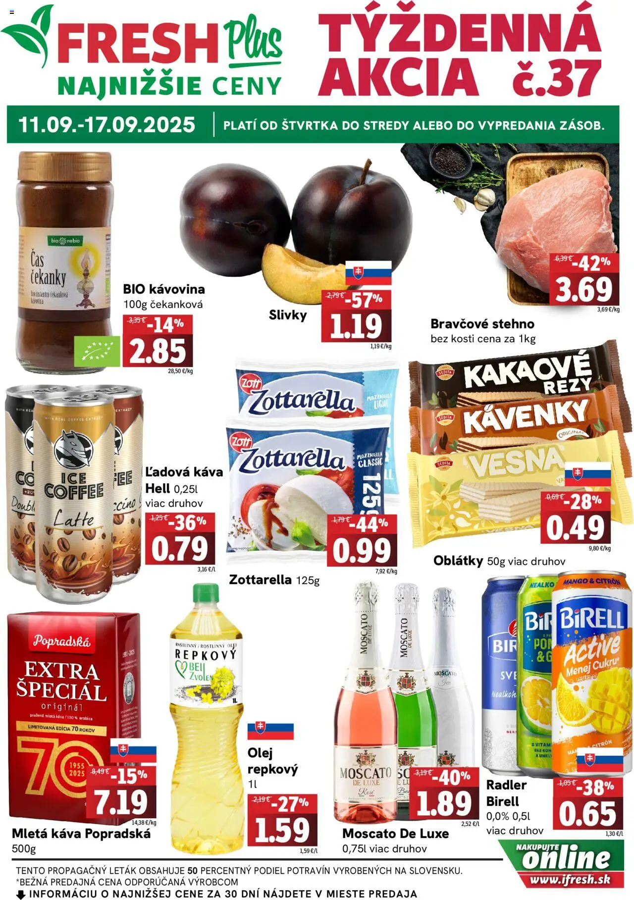 Nové Fresh akcie – leták je platný od 11.09.2025 | Strana: 1 | Produkty: Olej, Káva, Birell, Mango