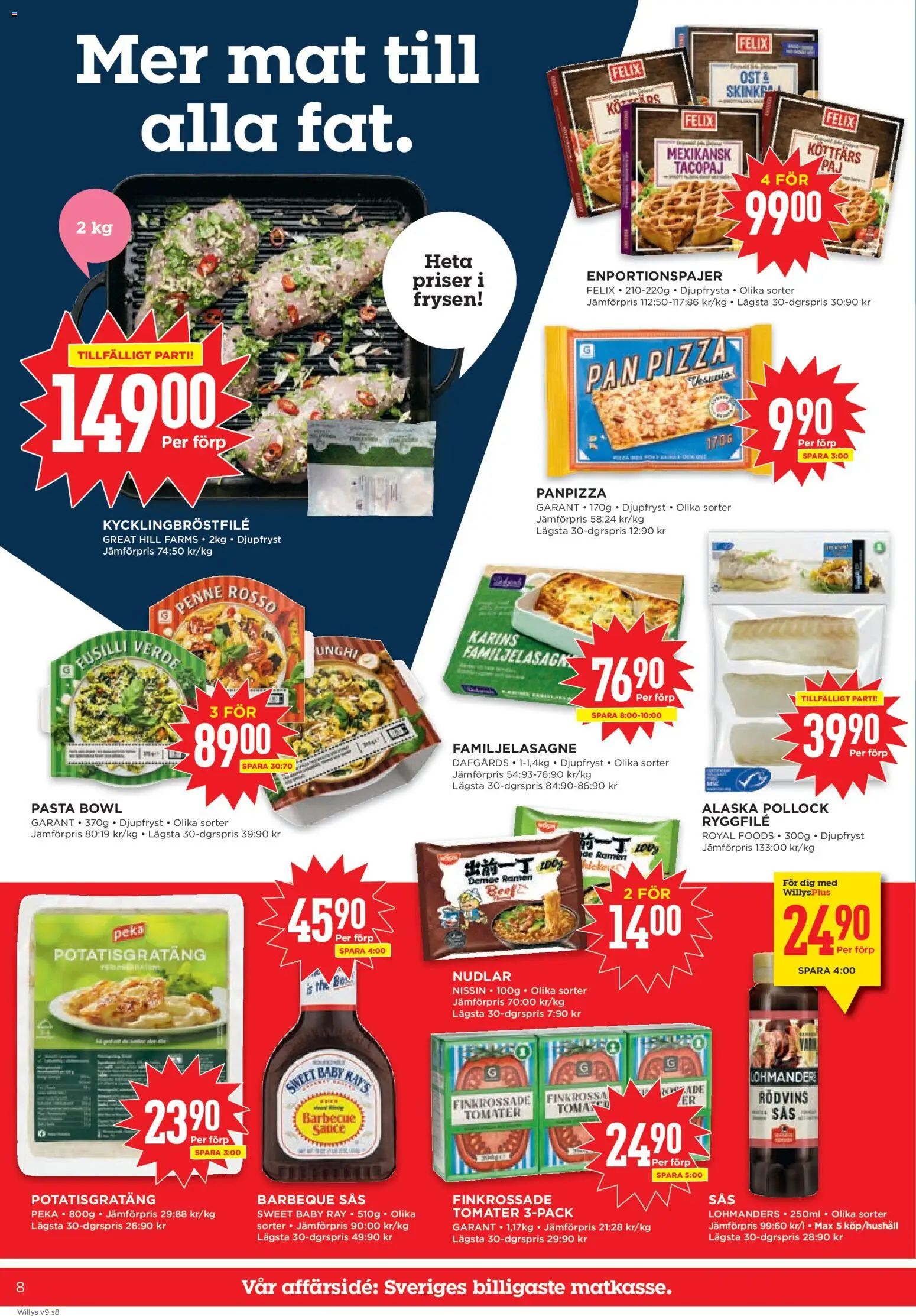 Willys reklamblad aktuell från 23.02.2026 | Sida: 8 | Produkter: Potatisgratäng, Ost, Tomater, Pasta