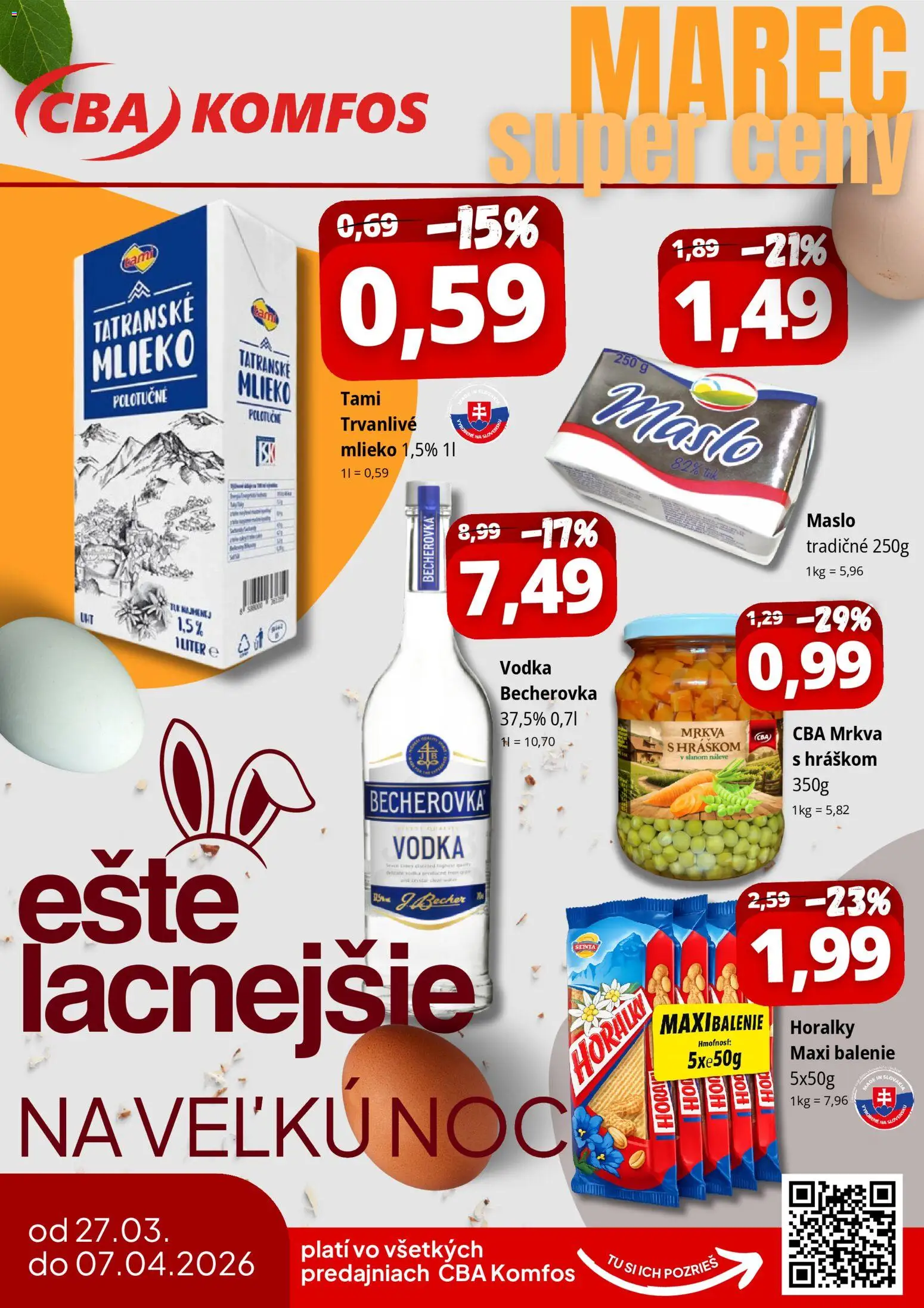 Nové CBA Komfos akcie – leták je platný od 27.03.2026 | Strana: 1 | Produkty: Becherovka, Mlieko, Mrkva, Vodka