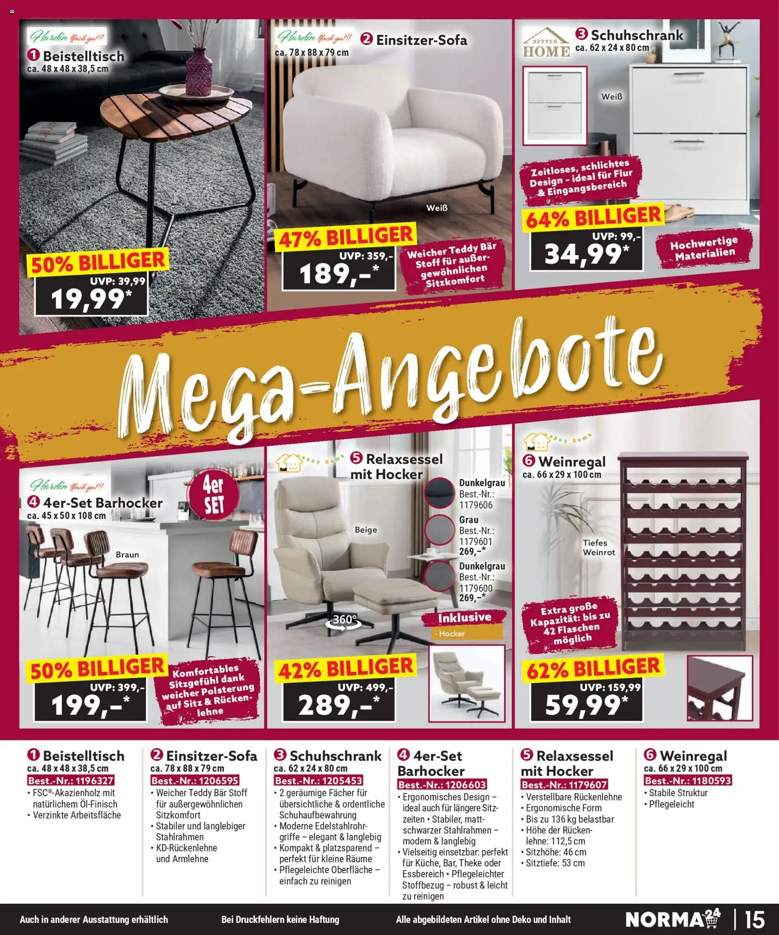 Norma Bestellmagazin Januar 2026 – gültig ab 01.01.2026 | Seite: 15 | Produkte: Hocker, Relaxsessel, Weinregal, Barhocker