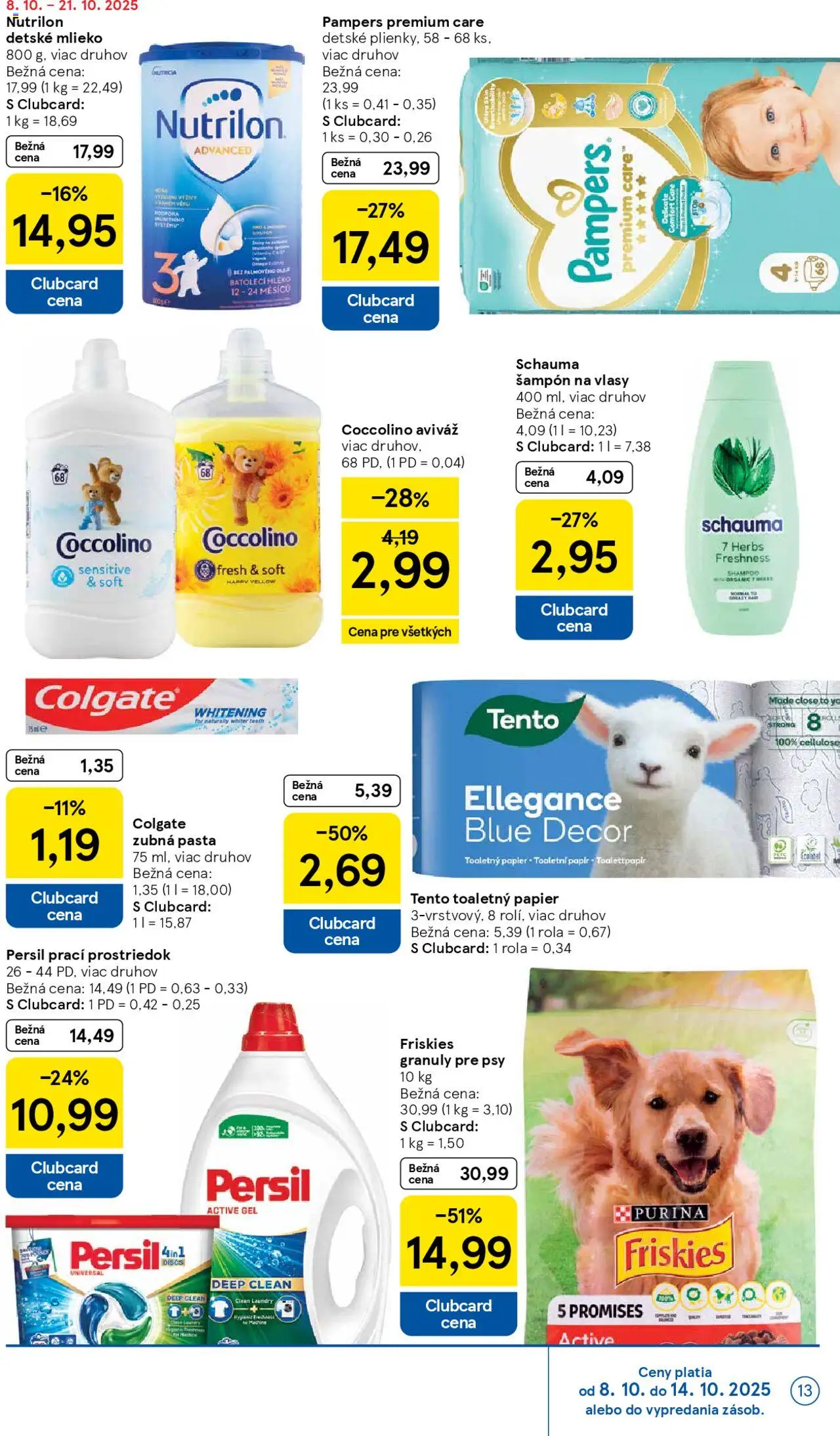 Nové Tesco akcie – leták je platný od 08.10.2025 | Strana: 13 | Produkty: Mlieko, Friskies, Toaletný papier, Aviváž