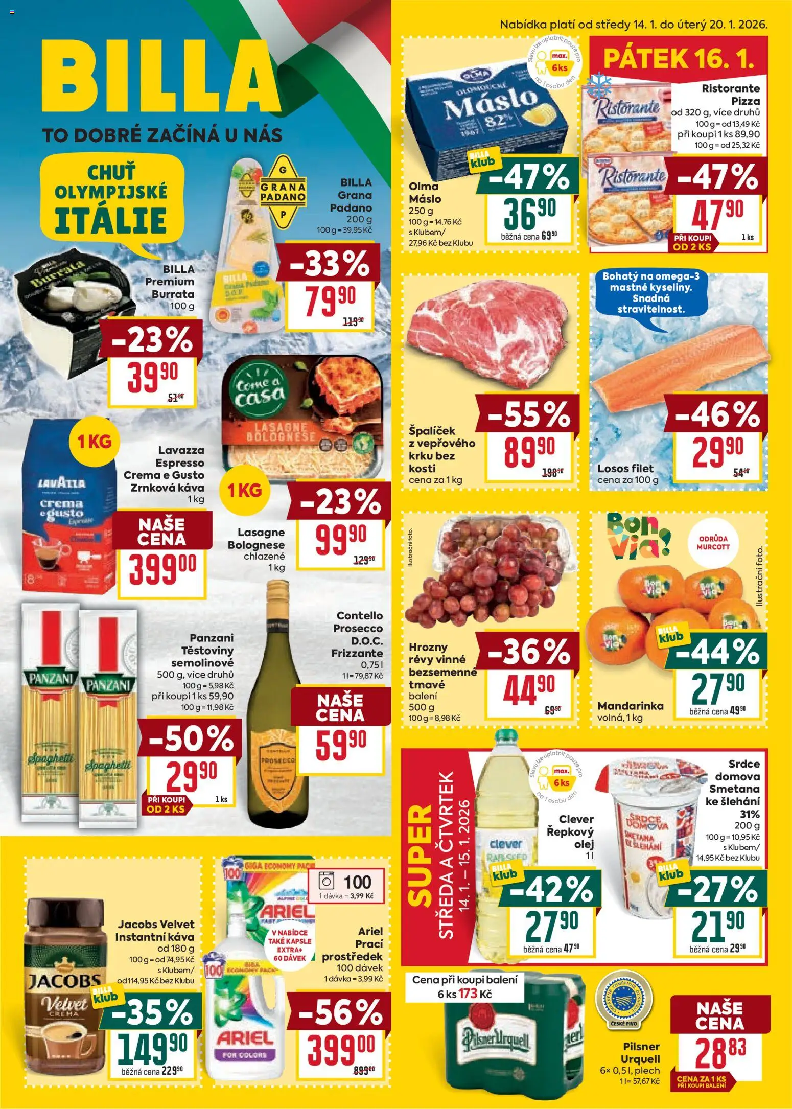 Billa Velký leták od 14.01.2026 | Strana: 1 | Produkty: Olej, Pilsner, Jacobs, Zrnková káva