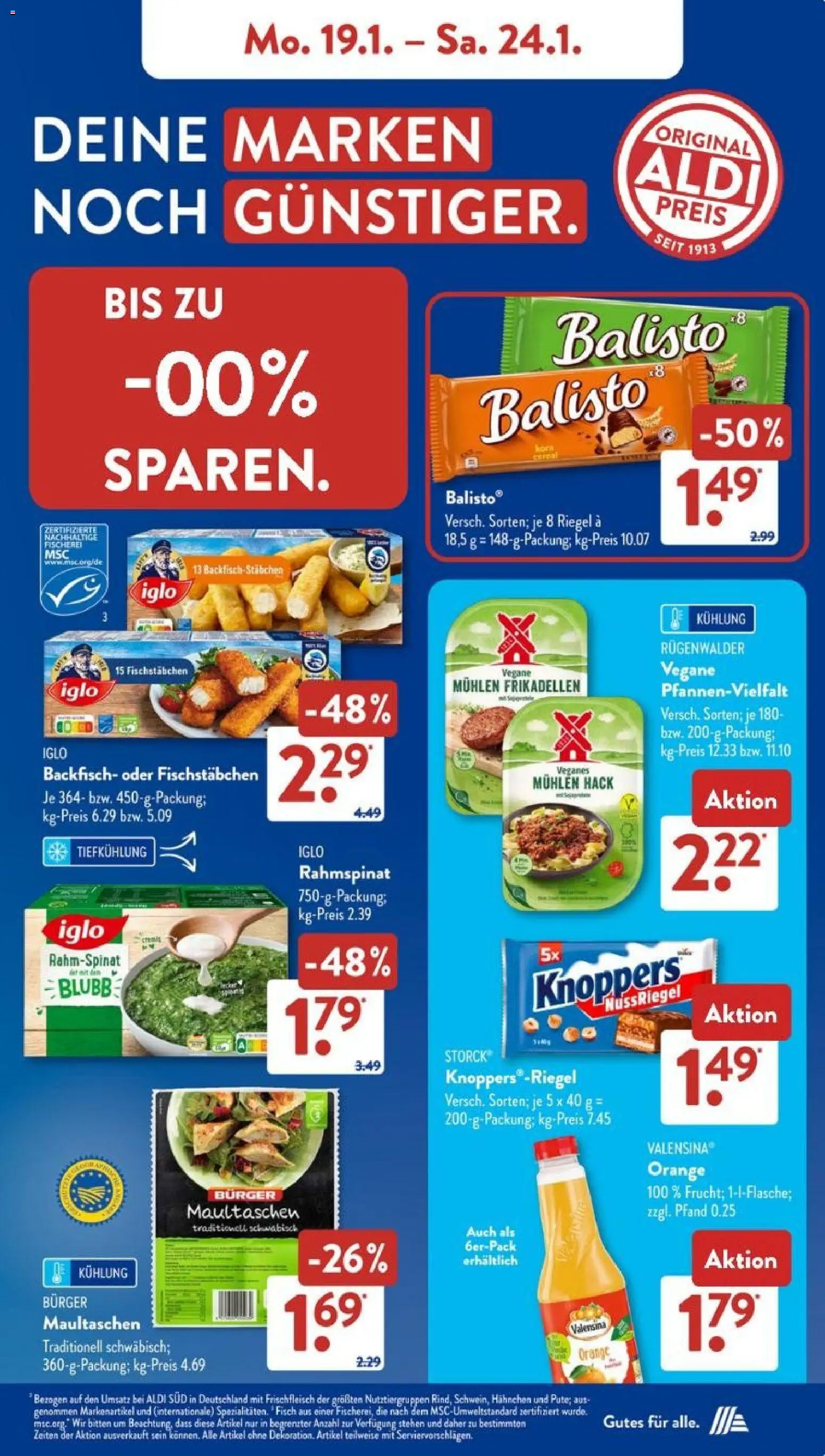Aldi Süd Prospekt 	 – gültig ab 19.01.2026 | Seite: 7 | Produkte: Burger, Valensina, Fischstabchen, Maultaschen