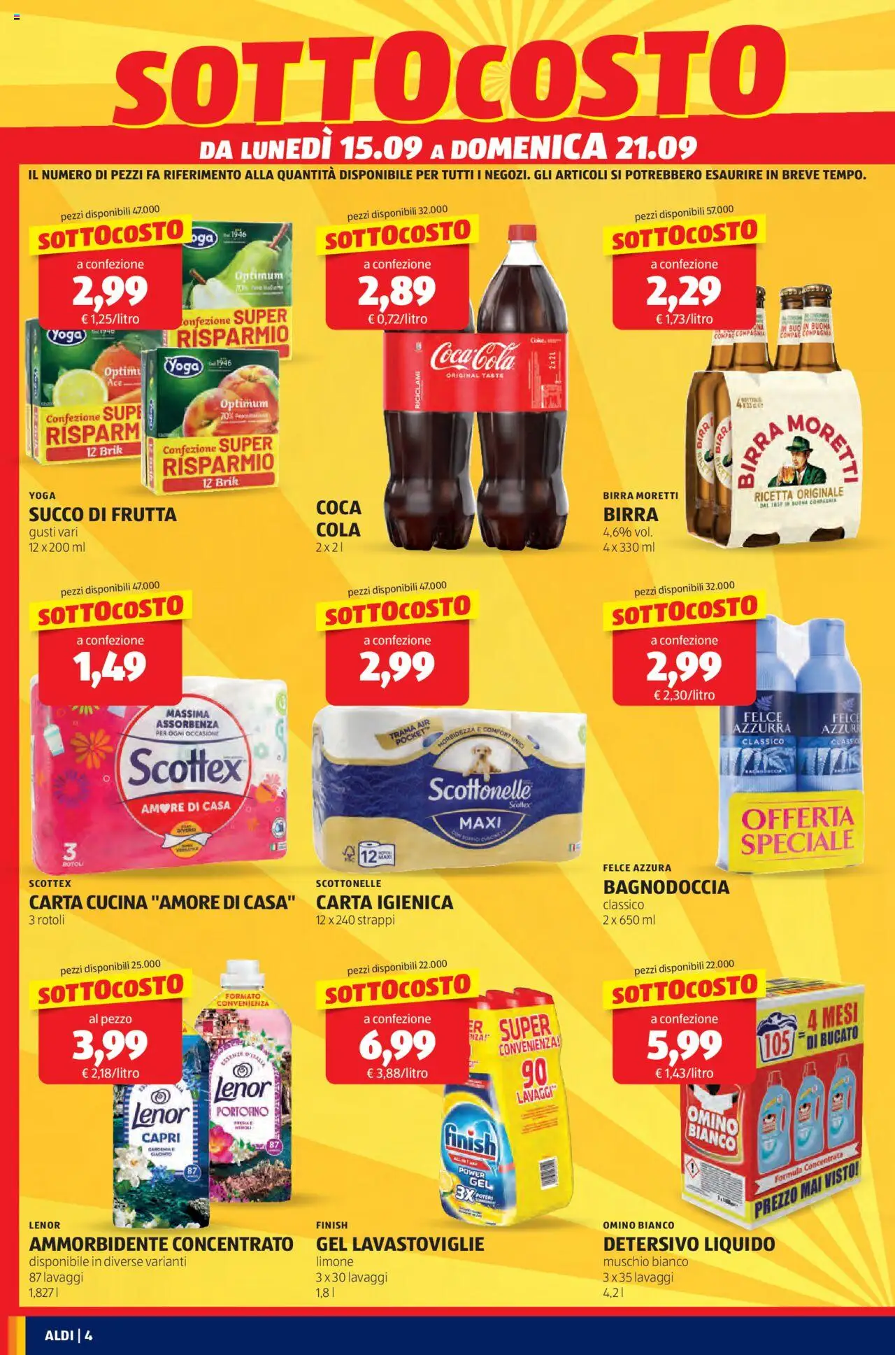 Volantino Aldi del 15.09.2025 | Pagina: 4 | Prodotti: Succo, Limone, Birra Moretti, Succo di frutta
