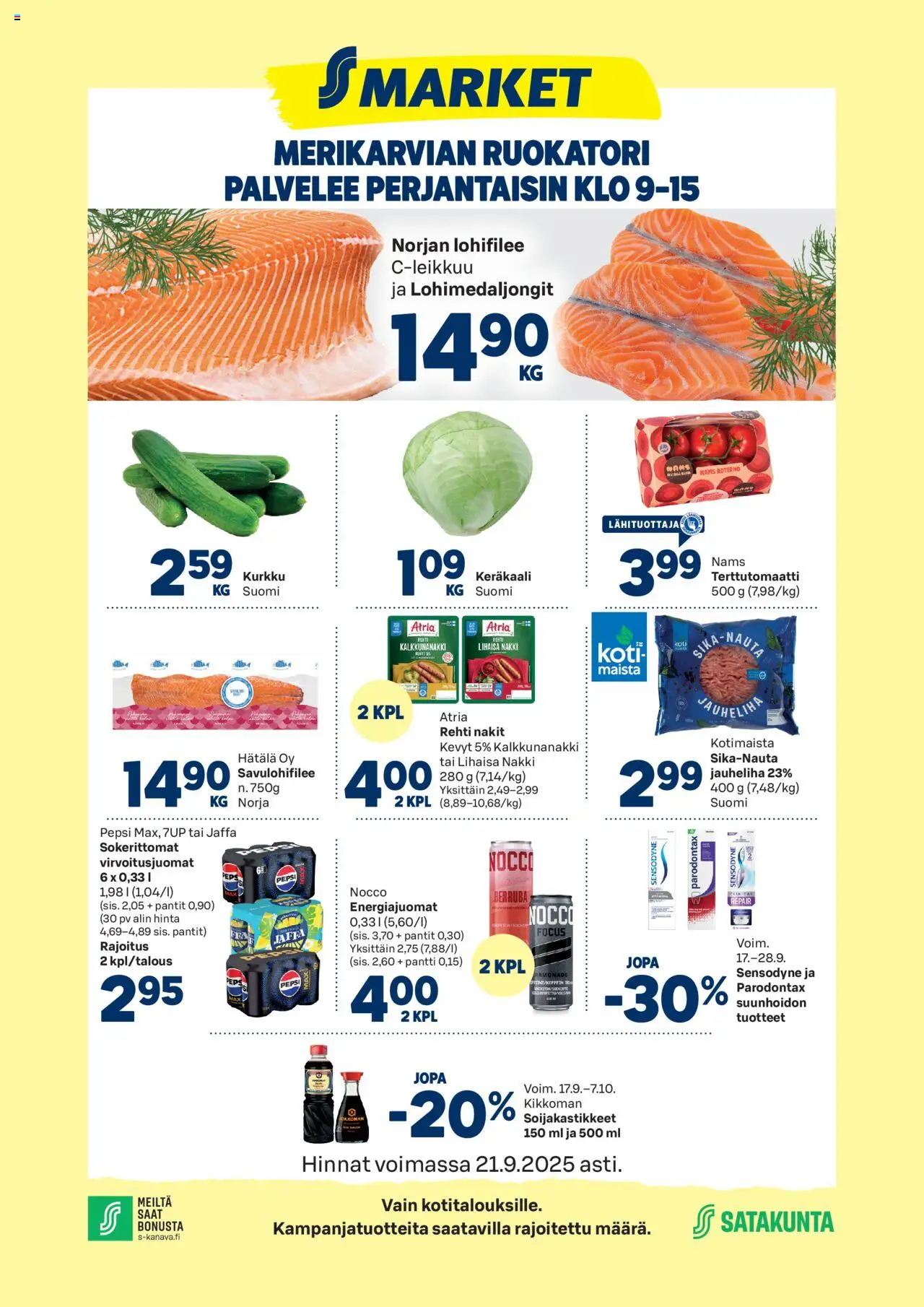 S-market Merikarvia – voimassa 17.09.2025 alkaen | Sivu: 1 | Tuotteet: Jauheliha, Virvoitusjuomat, Nakit, Keräkaali
