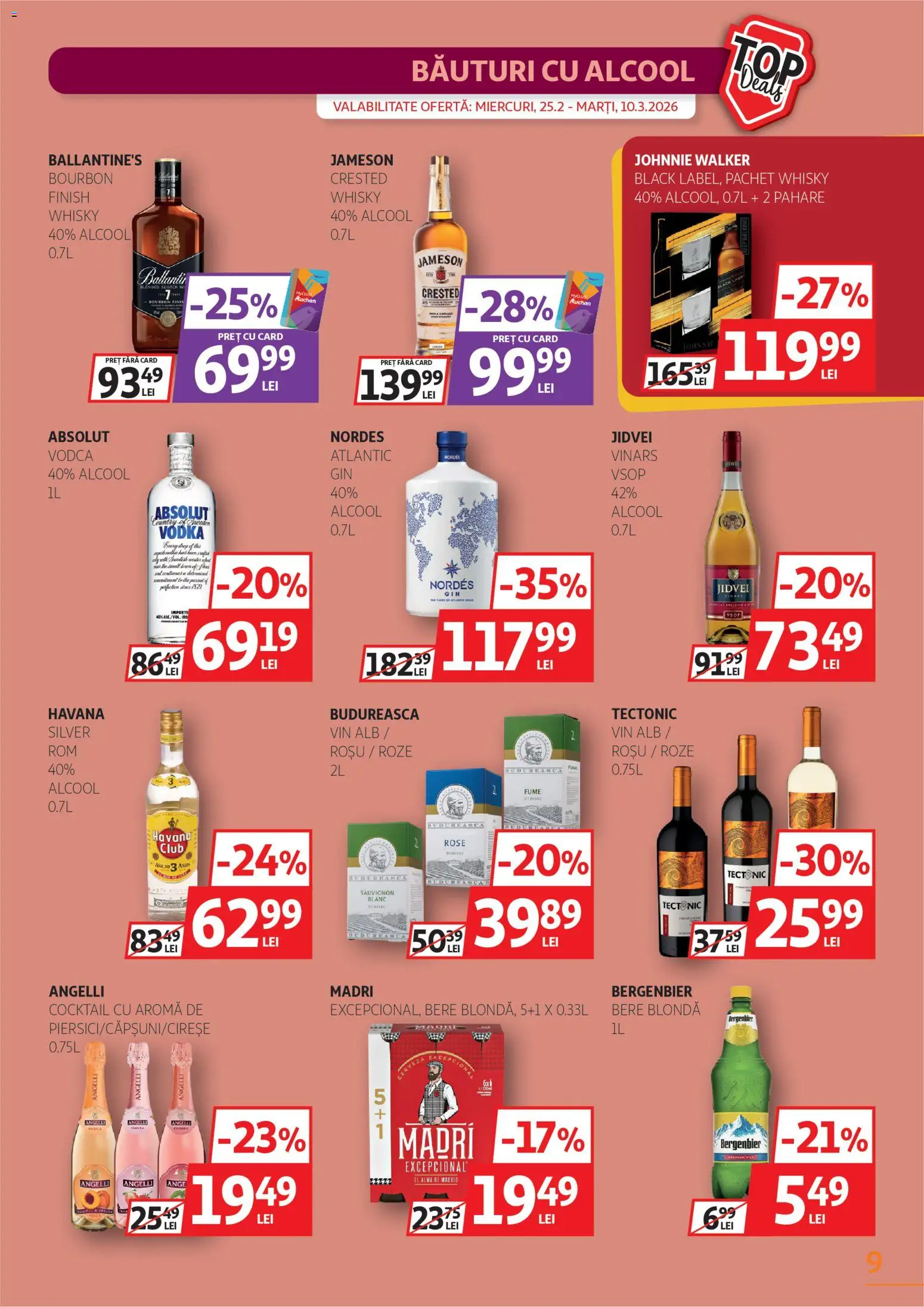 Noul catalog Auchan – valabil de la 25.02.2026 | Pagină: 9 | Produse: Bere, Cocktail, Plastik Kulübe, Bourbon