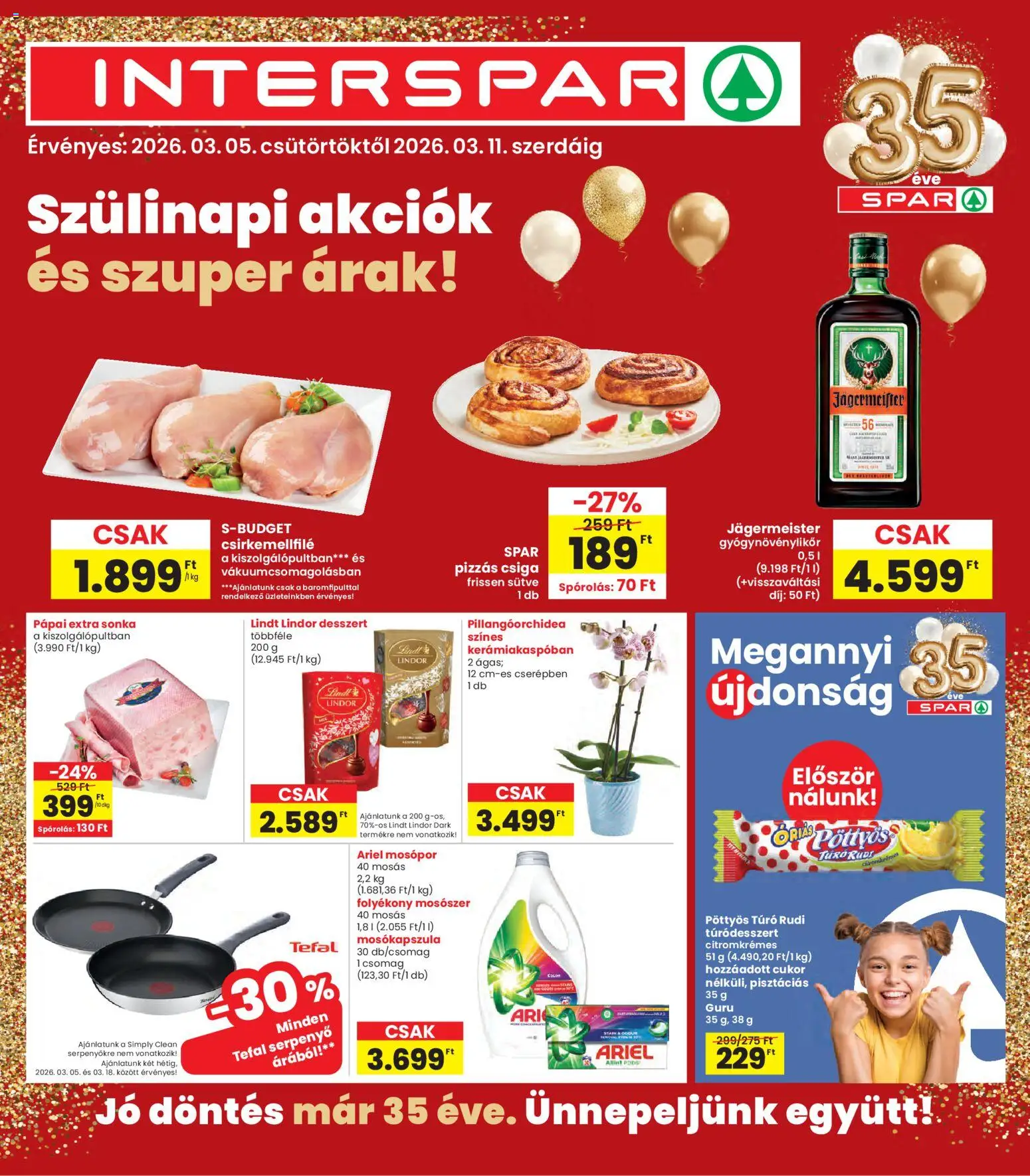 Interspar akciós ujság - amely érvényes a következő dátumtól: 05.03.2026 | Oldal: 1 | Termékek: Ariel, Tefal, Túró rudi, Mosókapszula