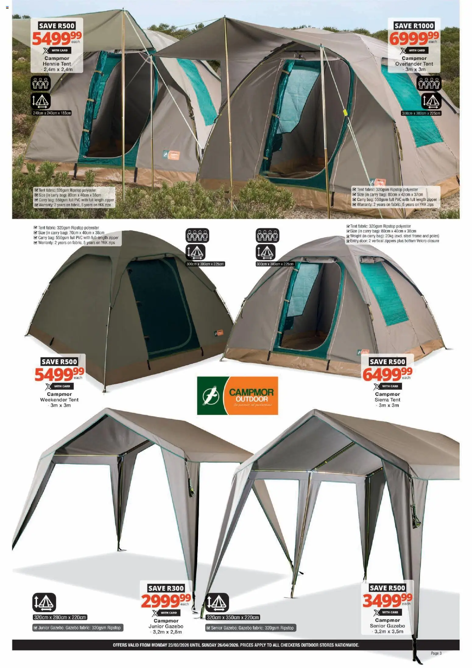 New Checkers catalogue – valid from 23.03.2026 | Page: 3 | Products: Bag, Frame, Tent