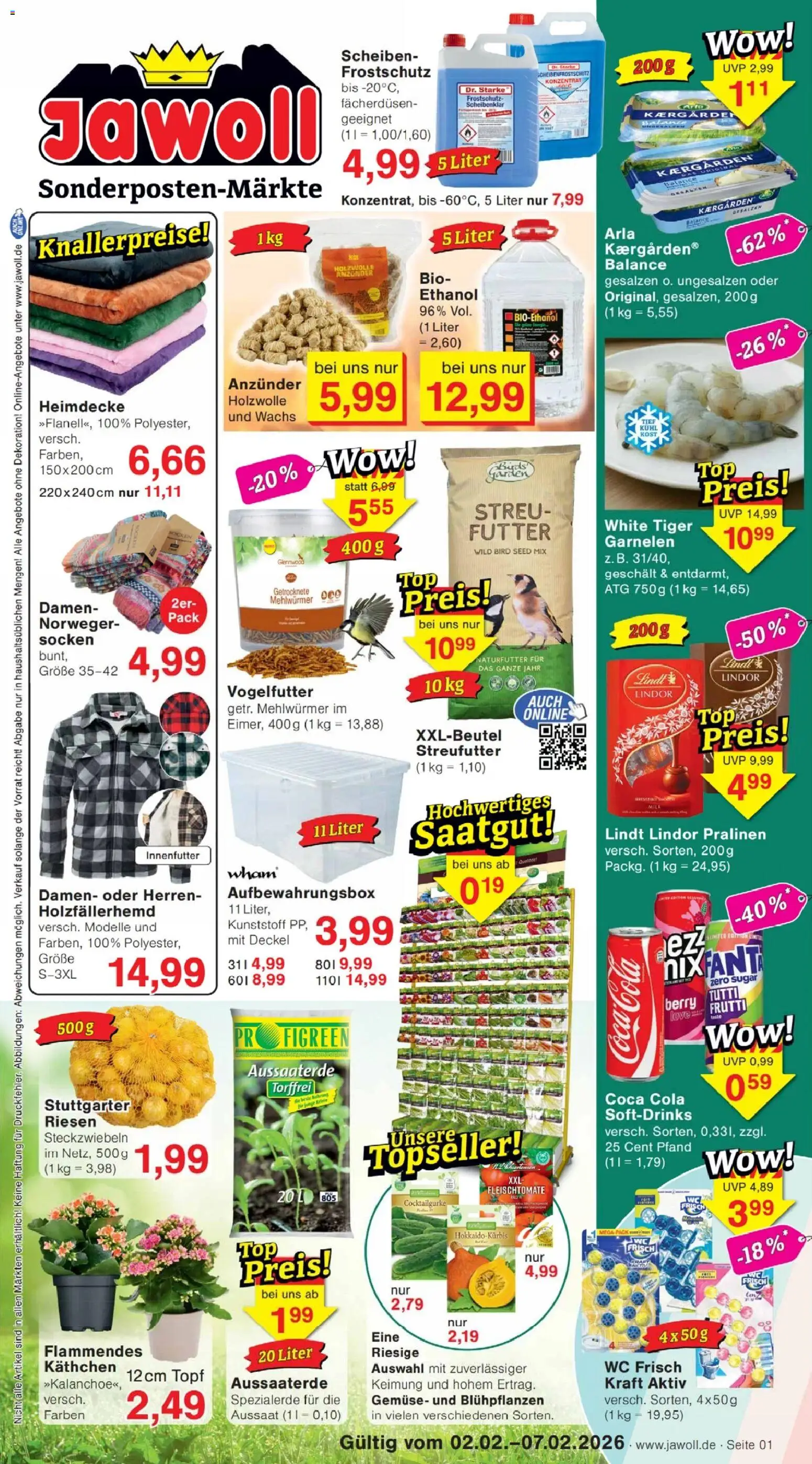 Jawoll Prospekt – gültig ab 02.02.2026 | Seite: 1 | Produkte: Garnelen, Gemüse, Wc frisch, Lindt