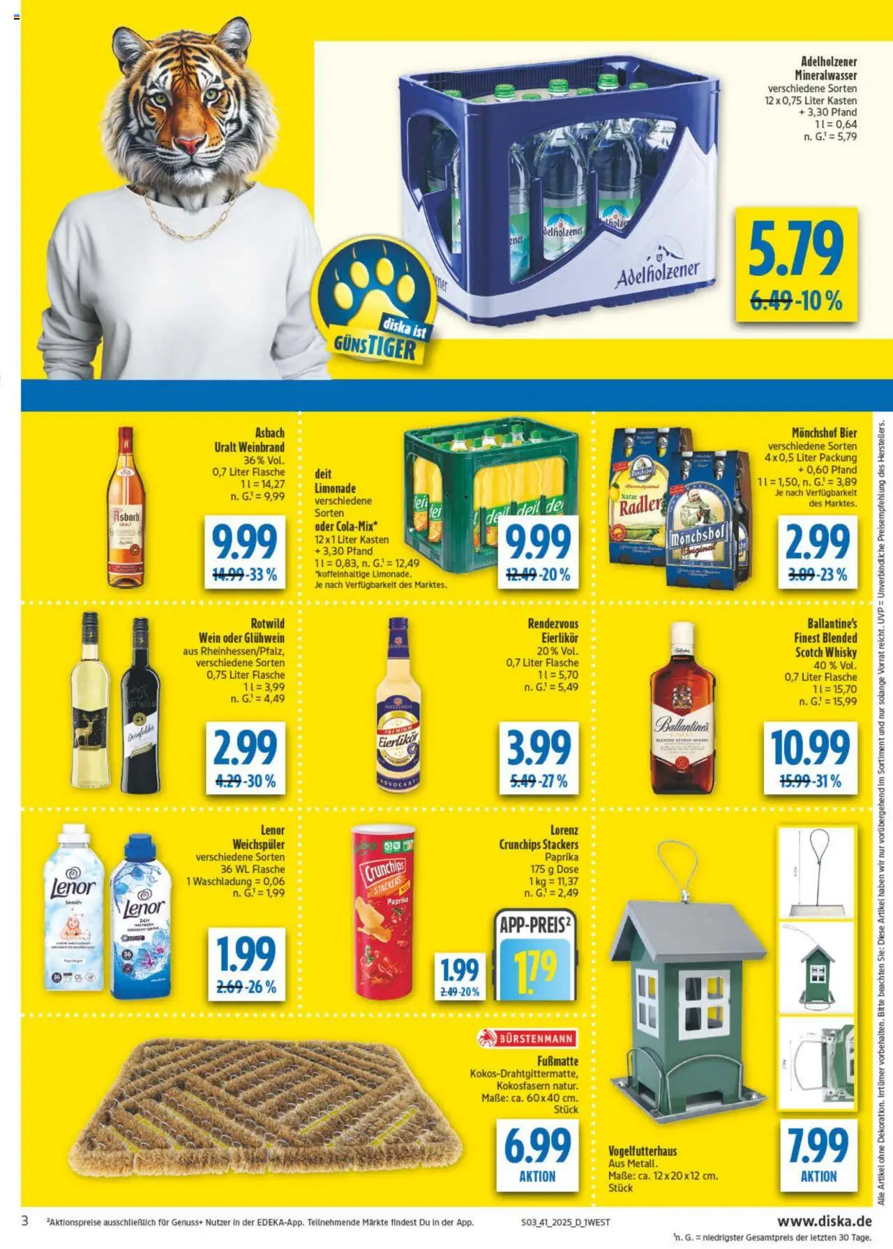 Diska - diska Angebote Bayern KW41 – gültig ab 06.10.2025 | Seite: 3 | Produkte: Lenor, Whisky, Mineralwasser, Wein