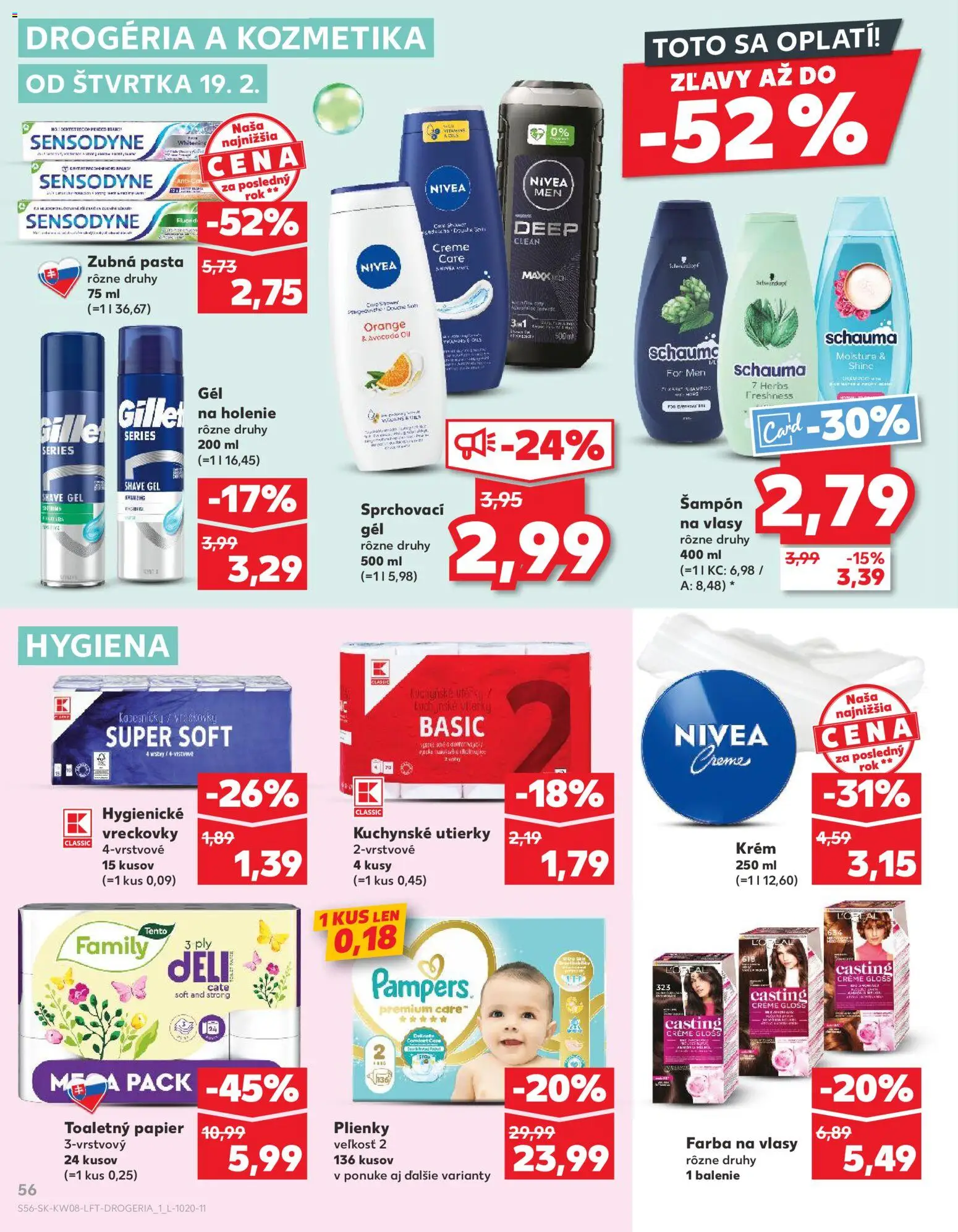 Nové Kaufland akcie – leták je platný od 19.02.2026 | Strana: 56 | Produkty: Nivea, Šampón, Farba na vlasy, Pampers